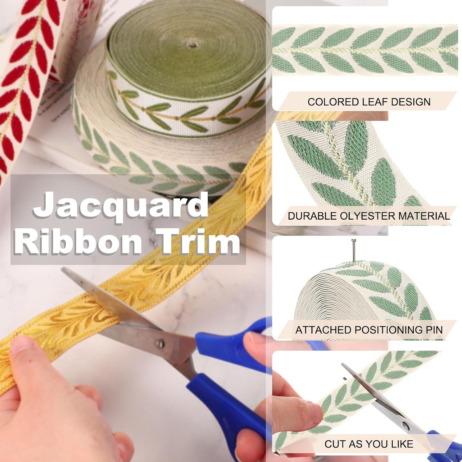 PATIKIL Leaf Pattern Jacquard Ribbon Trim, 1 Inch 20 Yard Polyester Jacquard Ribbon Sewing Leaves Webbing for Sewing Crafts, Home Decor, Apparel, Handmade Bags, Green