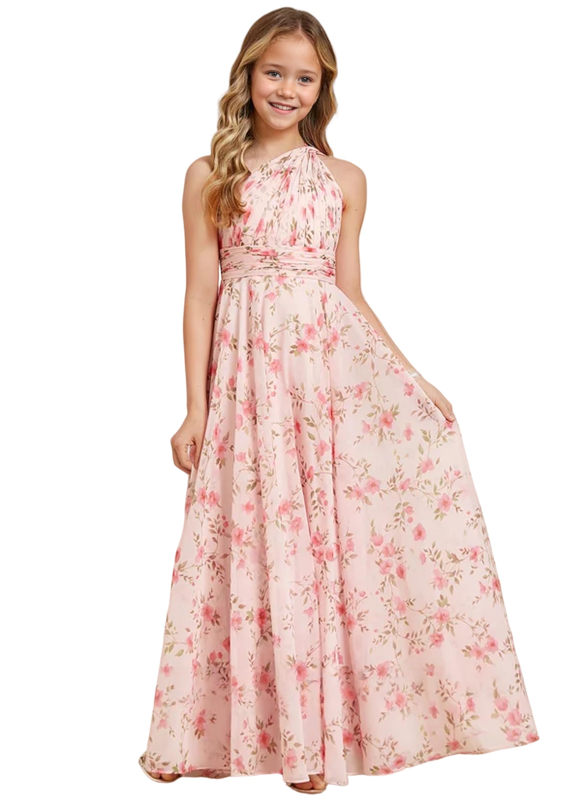LTW One Shoulder Chiffon Junior Bridesmaid Dress Floral Print Boho Summer Flower Girl Dress for Wedding