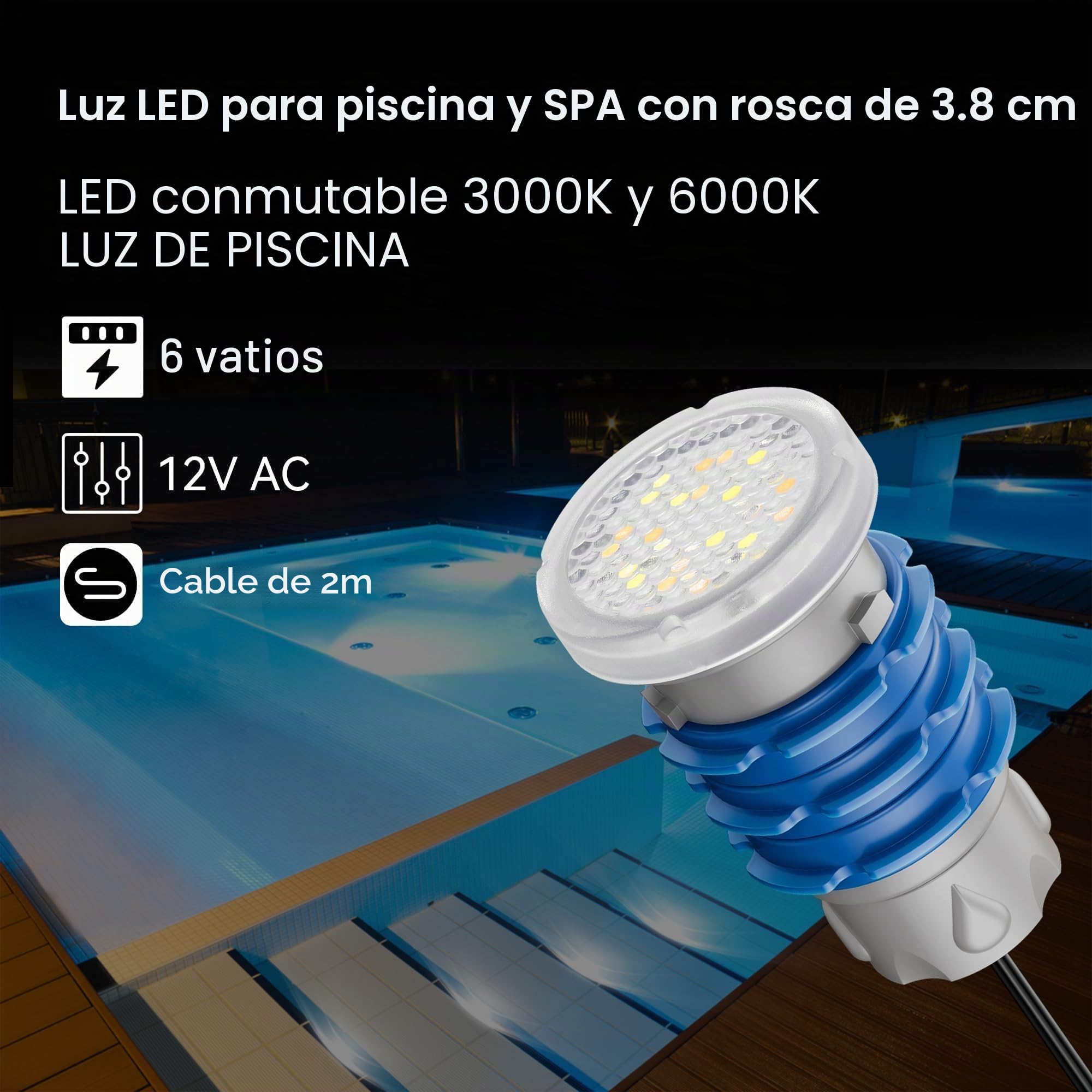 LyLmLe Mini Foco LED Piscina con Rosca 1 1/2", 6W Proyector LED Piscina Blanco Conmutable 3000K y 6000K, Ø49mm, 12V AC Impermeable IP68 Lámpara Sumergible para Piscinas Hormigón SPA Escaleras