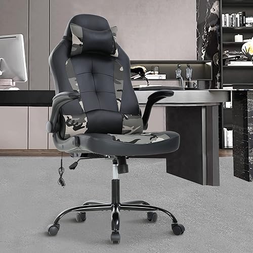 Sillas de computadora para adultos, silla ergonómica de videojuegos con cojín lumbar grueso y brazos abatibles, silla de escritorio de piel