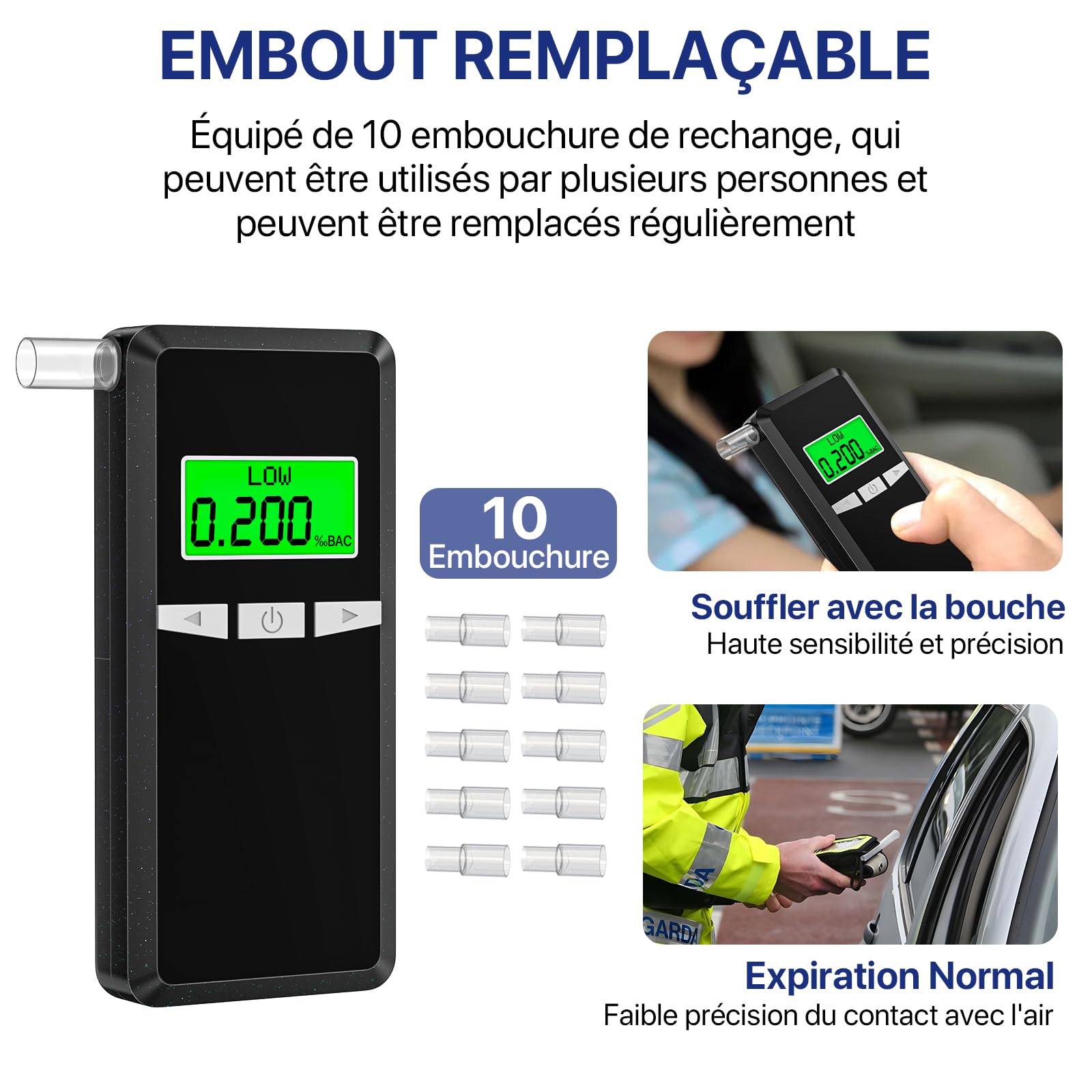 Alkoholtester Polizeigenau, Hochpräziser Promillemessgerät mit Digitalem Farbigem LCD-Anzeige, Professioneller Alkoholmessgerät mit 10 Mundstücken für den Einsatz zu Hause oder auf Partys