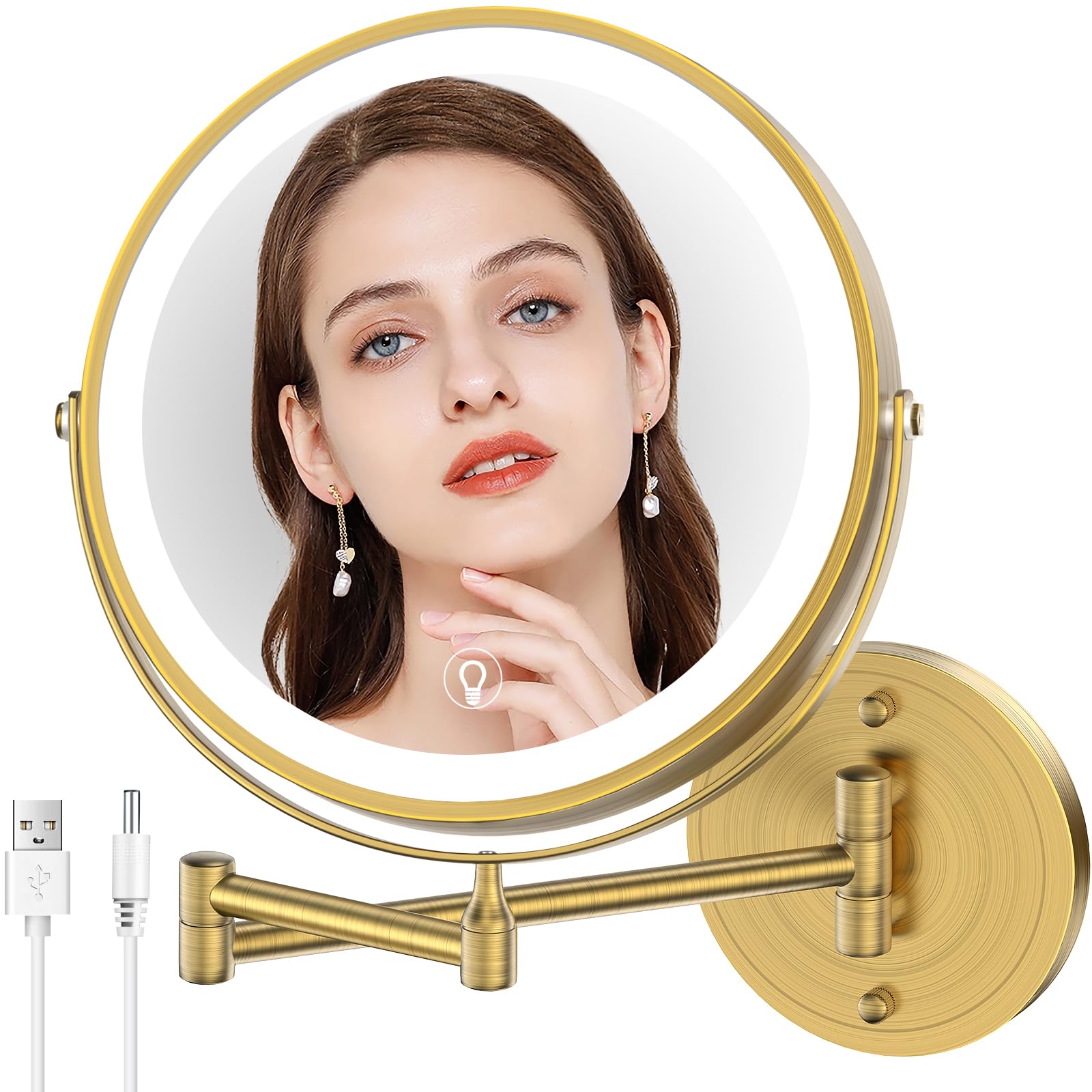 MNIENT Wall Mounted Lighted Makeup Mirror,8" Rechargeable Double-Sided Light up Magnifying Mirror 1x/10x,3 Color Led Vanity Mirror with Lights,Touch Dimmable 360° Rotation-Antique Bronze