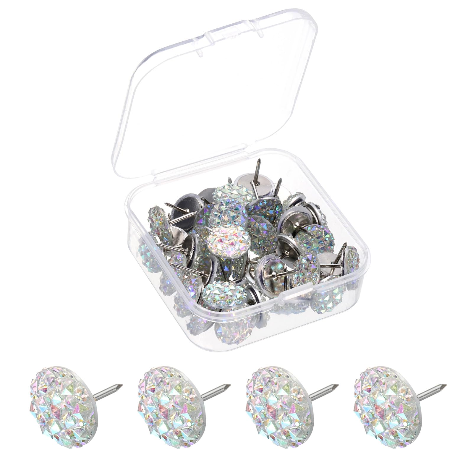 sourcing map 40Pcs Rhinestone Push Pins, 12mmx13mm Shiny Diamond Decorative Thumb Tacks Upholstery Tacks for Cork Board Bulletin Board Wall Hangings, Clear/Silver