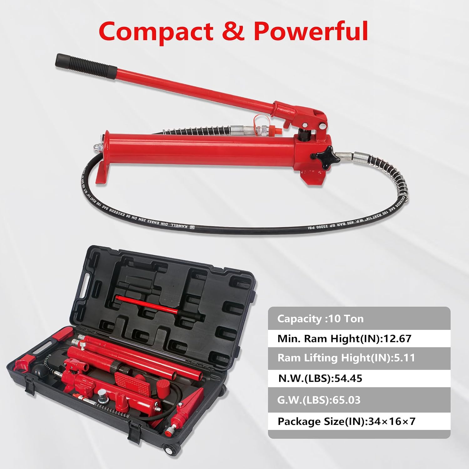 10 Ton Porta Power Hydraulic Jack Kit, 20,000 LBS Hydraulic Ram Set with Pump & 5.1 ft Oil Hose, Portable Auto Body Frame Repair Tool with 14-Piece Attachments & Storage Case for Car, Garage