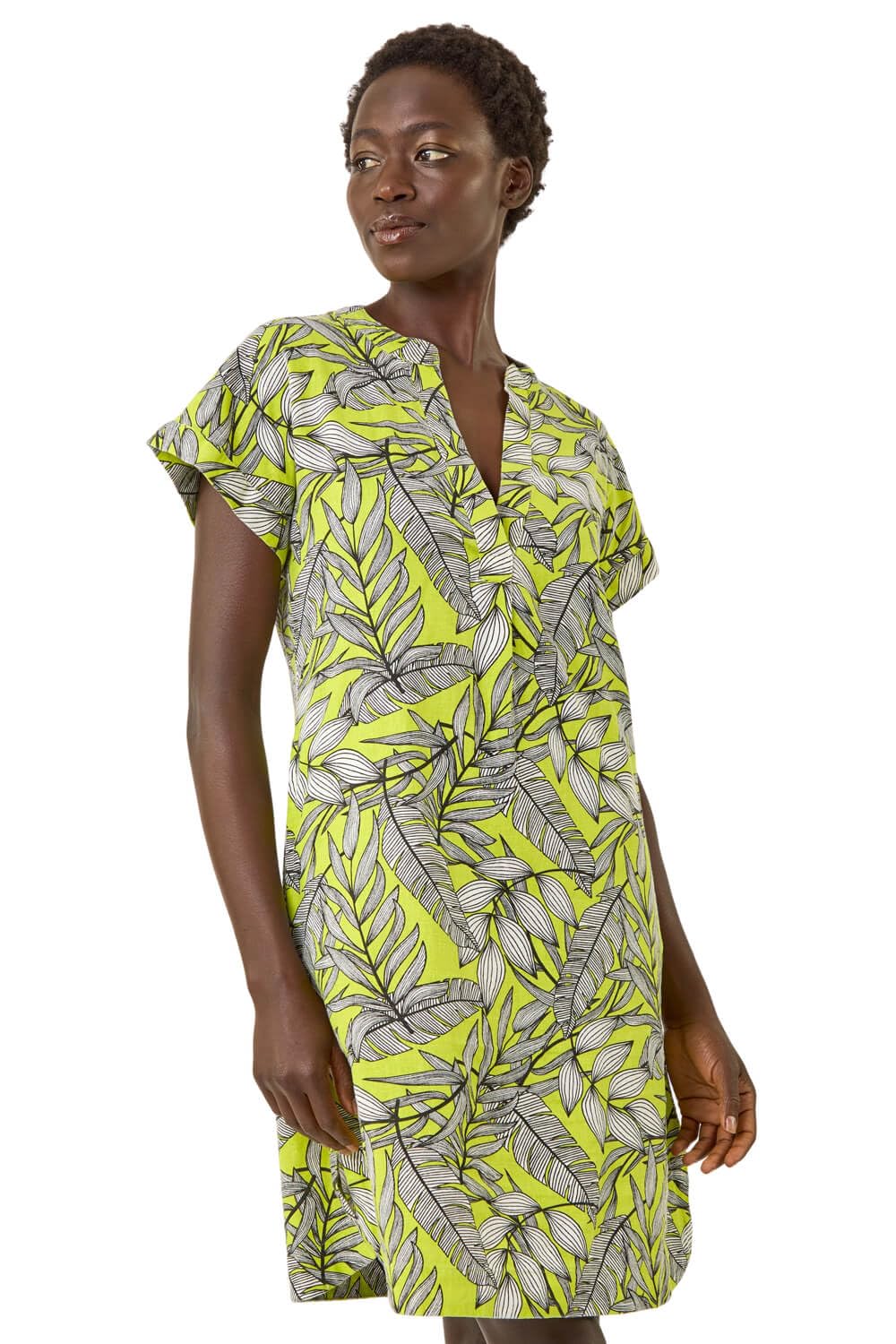 Roman Originals Women's Lime Aztec Print Linen Mix Shift Dress For Uk - Everyday Holiday Spring Summer V-Neckline Comfy Soft Evening Vacation Work Party - Size 16