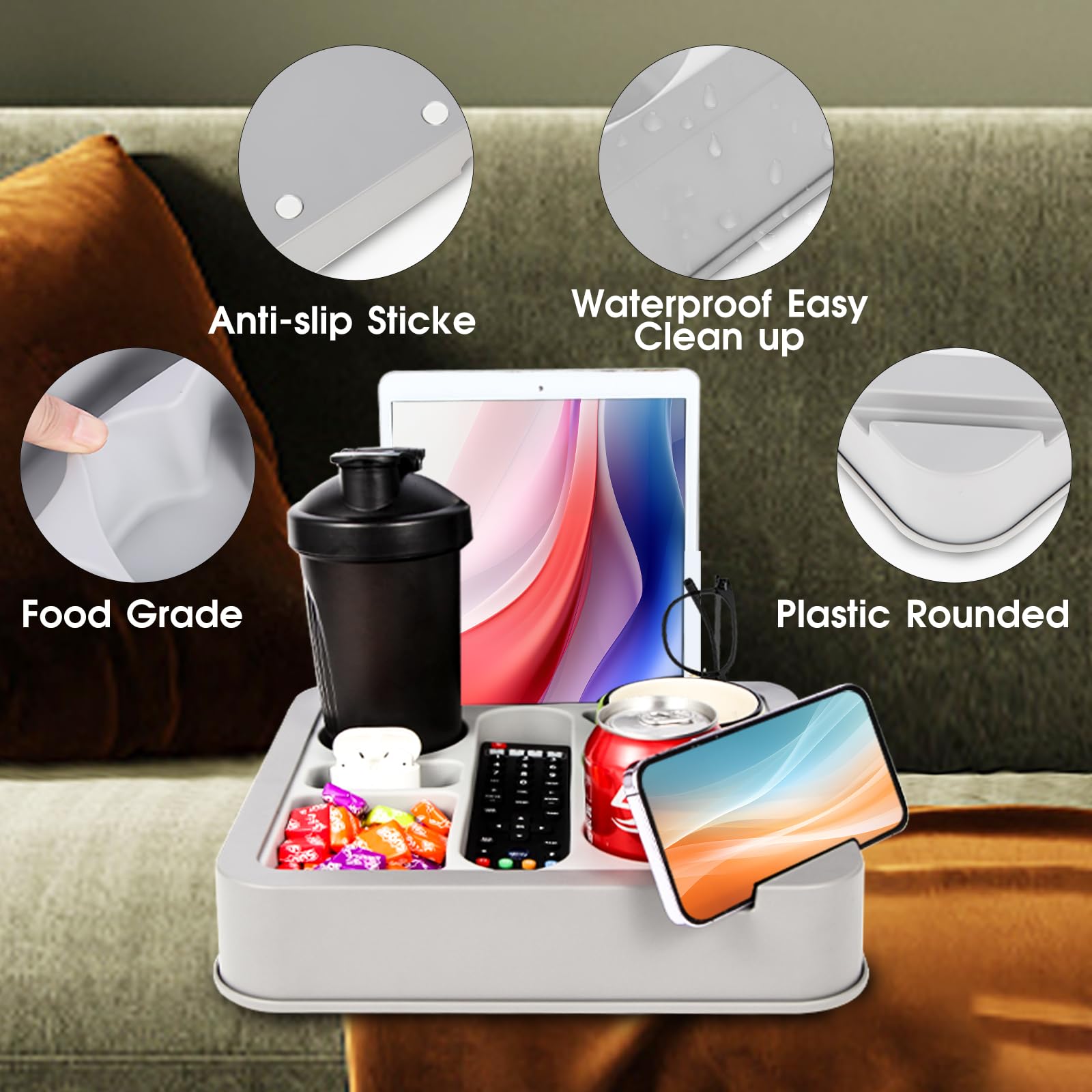 Bandeja para portavasos de sofá, silicona de grado alimenticio y plástico, para cama, asiento de coche, impermeable, antiderrames, para control remoto, auriculares, aperitivos y otros