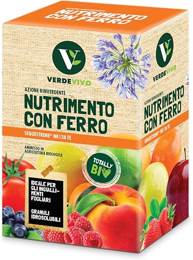 Sequestrene VerdeVivo in granuli idrosolubili. Combatte gli ingiallimenti fogliari dovuti a clorosi ferrica. Ideale per piante acidofile e altre ornamentali. Contiene 5 buste da 20 gr. l'una