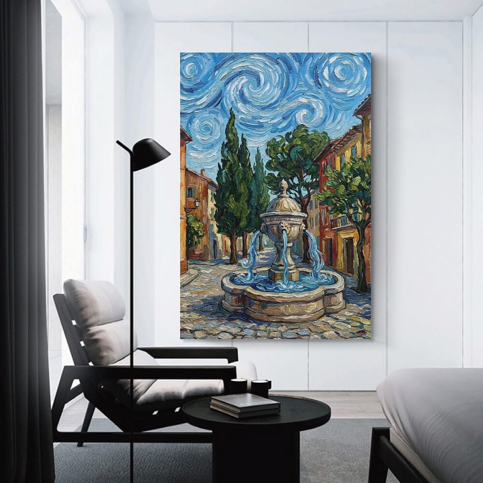Junmoney European Town Square with Fountain Painting Hanging Wall Art, 20x30inch(50x75cm), for Home Walls, Creative Rooms Or Shared Spaces, A Flexible Wall Accent for Shared Spaces