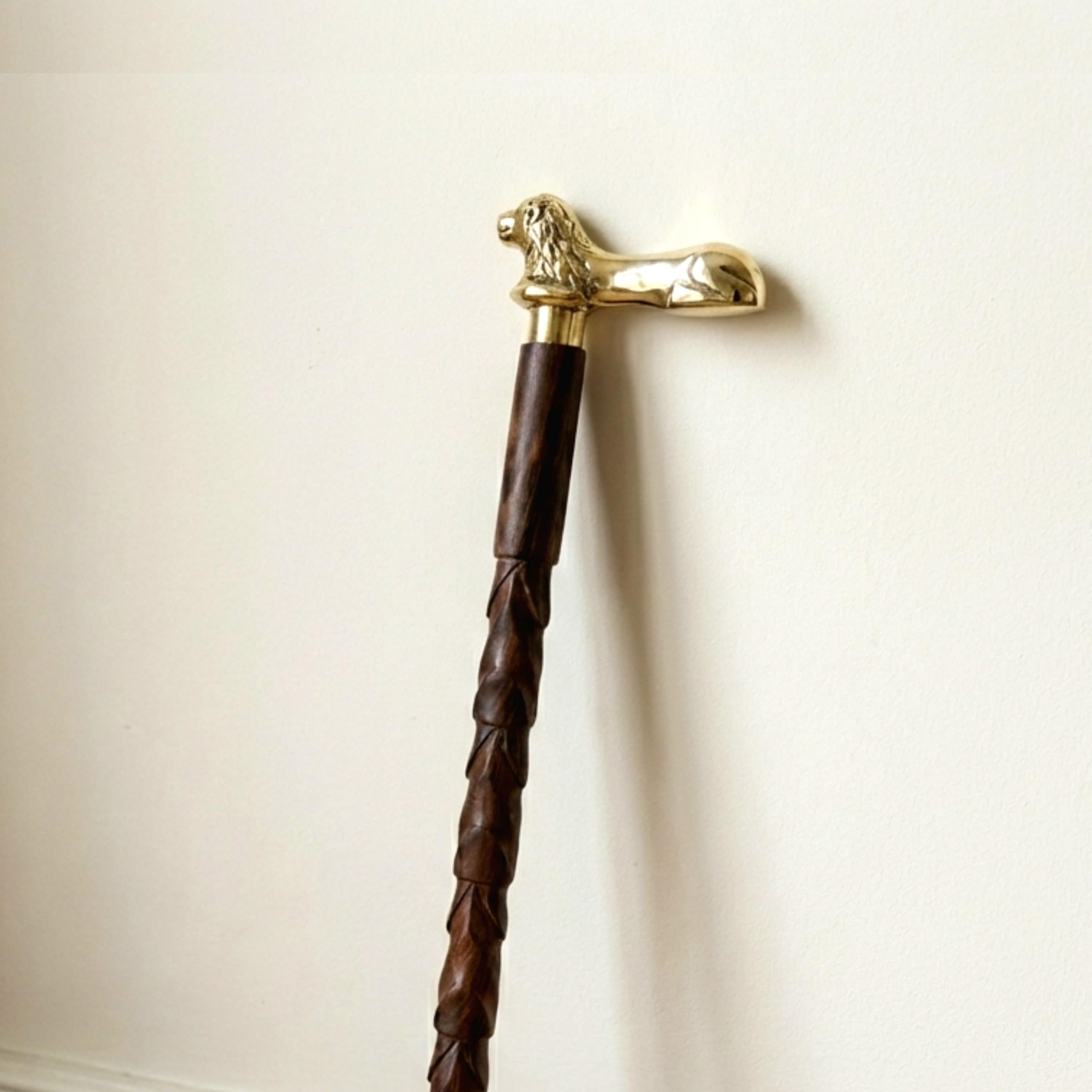 Walking Stick with Lion Head Handle, Solid Hardwood Construction, Carved Wooden Cane with Brass Finish-image-16