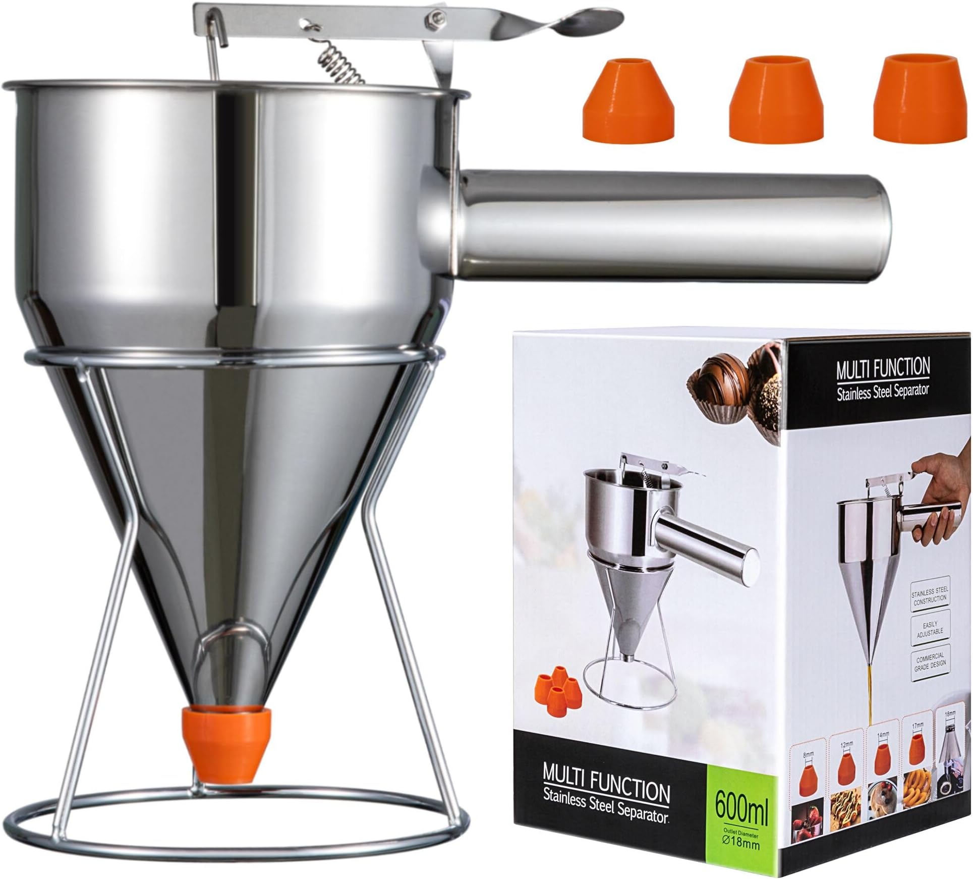 MyLifeUNIT Pancake Batter Dispenser, 20oz Multi-Caliber Stainless Steel Funnel Cake Dispenser with Stand for Pancakes, Cupcakes Any Baked Goods