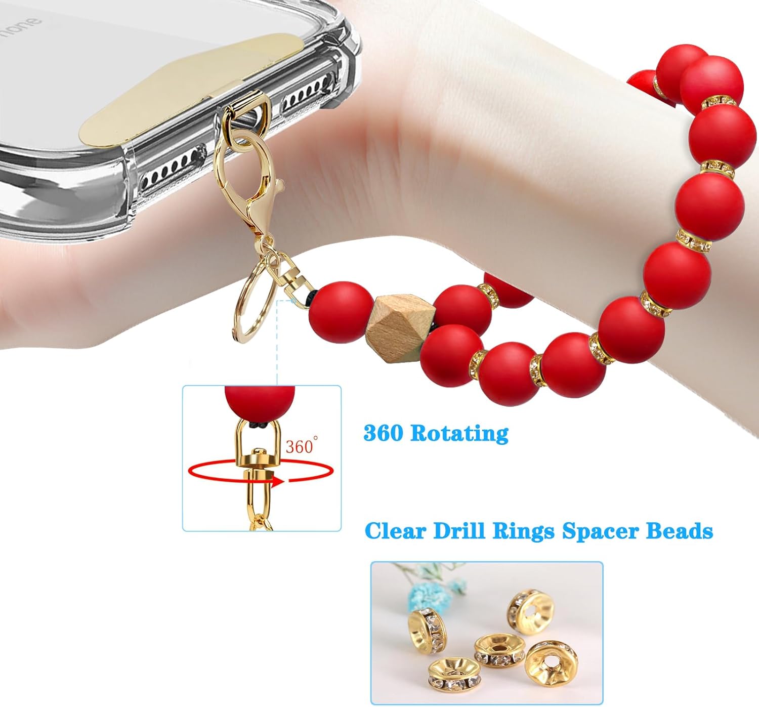 Silicone Beaded Phone Wrist Strap, Phone Bracelet Strap with Tether Tab Elastic Hands Free Wristlet Strap - Image 2