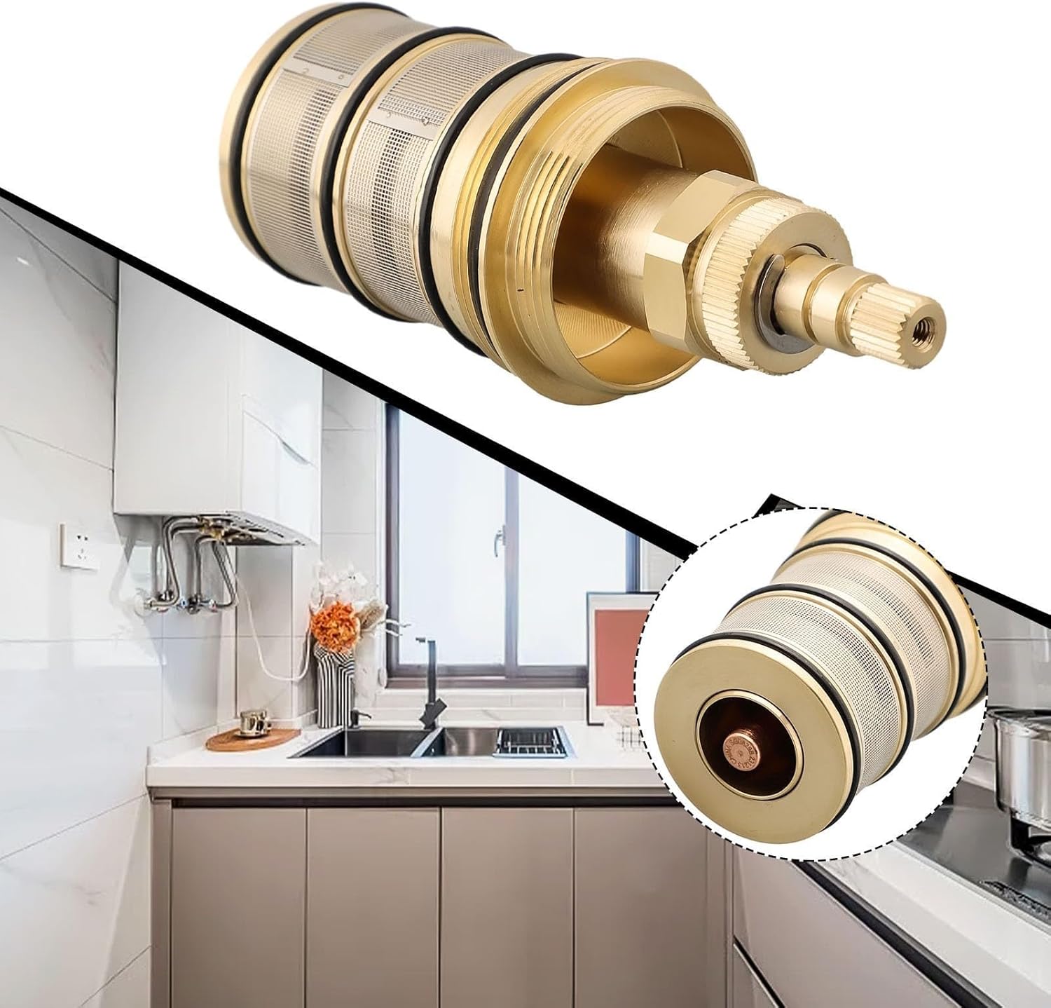 Brass Thermostatic Cartridge, Brass Replacement Shower Cartridge,20-48℃ Bath Mixer Tap Shower Valve Bar Cartridge, Constant Temperature Control Spool
