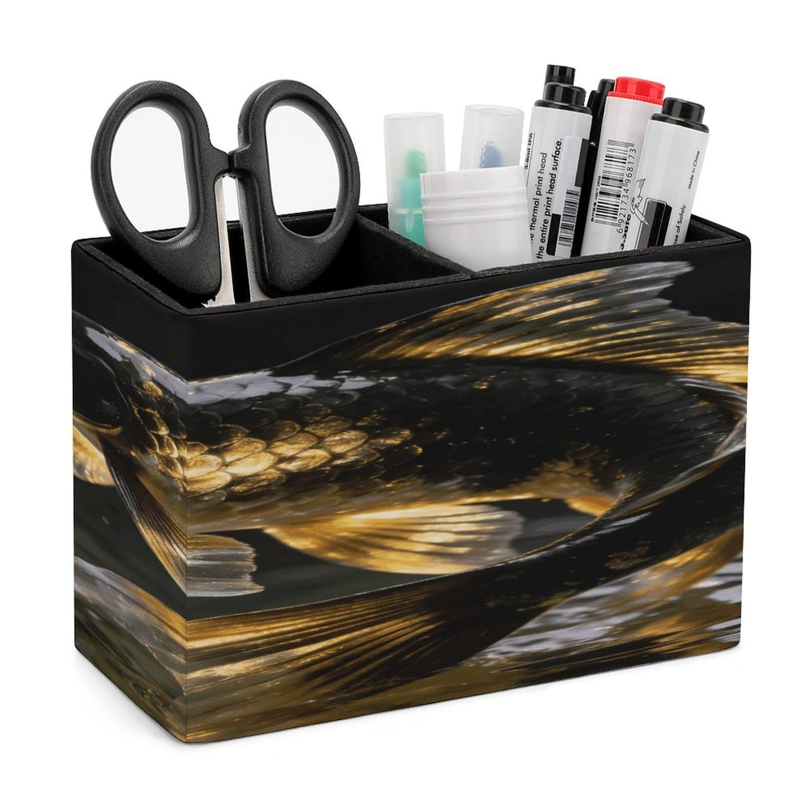 LZQPOEAS Black Gold Koi Pen Holder Double Compartments Pen Cup Makeup Brush Holders Leather Pencil Holder Locker Organizer for Work Locker Accessories Modern Pencil Cup for Desk