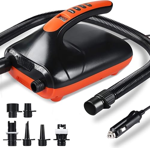Bomba de tabla de remo, bomba SUP de alta presión de 20 PSI, bomba de aire portátil con apagado automático, función de desinflación y encendedor de