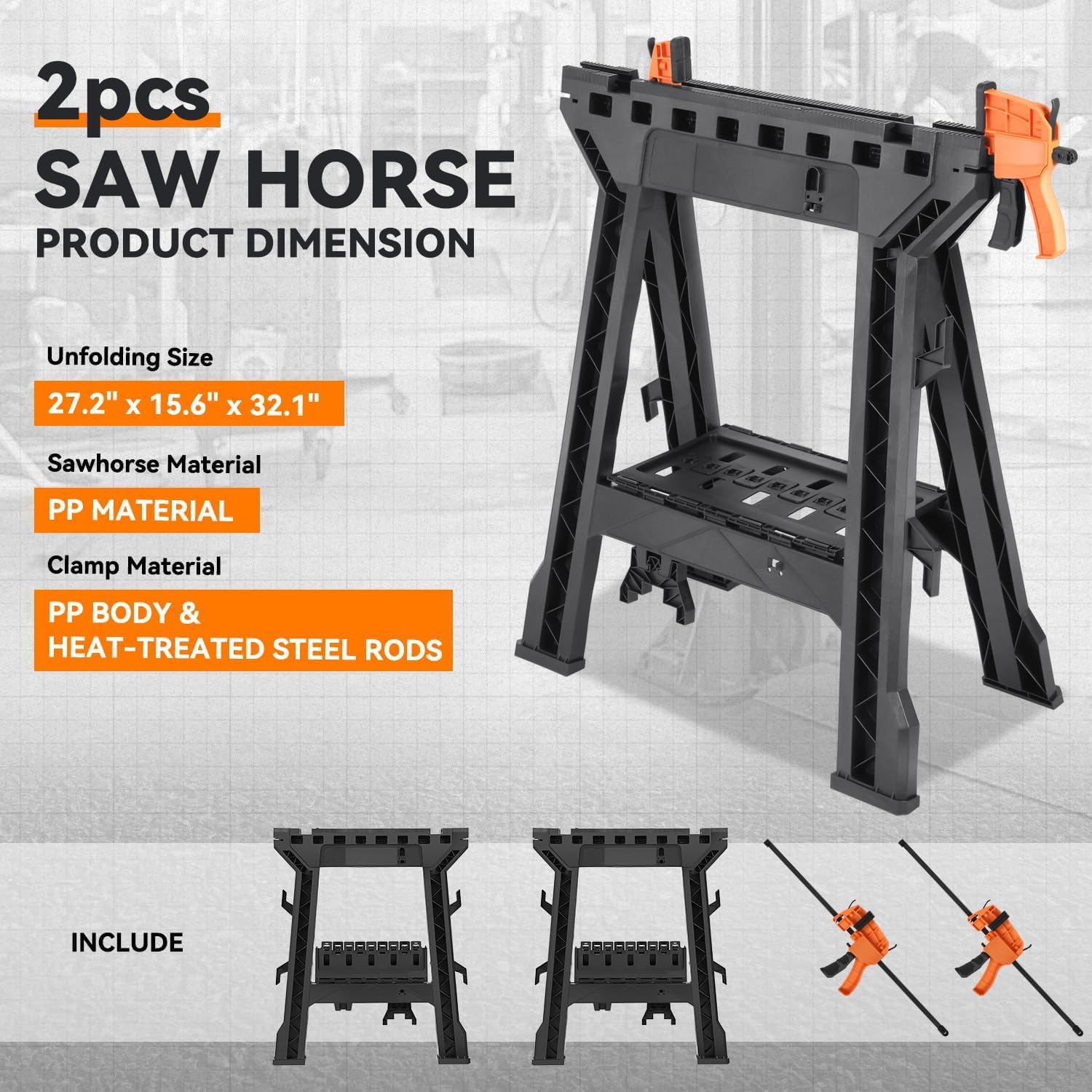 Folding Saw Horses 2 Pack Power Tool Stands Max Capacity Load 2200 LBS Heavy Duty Clamping Sawhorse Set Lightweight Portable Sawhorses Assembly Plastic Sawhorse for Garage Workshop Workbenches