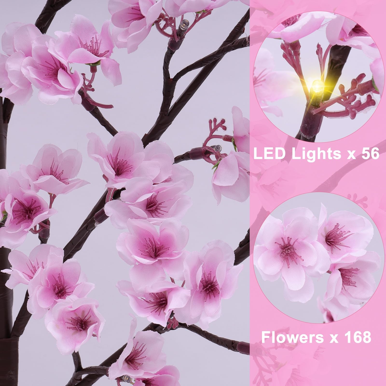 4FT Cherry Blossom Tree with 56 LED Lights, 168 Lush Pink Flowers, Artificial Lighted Cherry Blossom Tree with Remote 8 Modes, Timer for Spring Wedding Party Valentines Indoor Outdoor Decoration