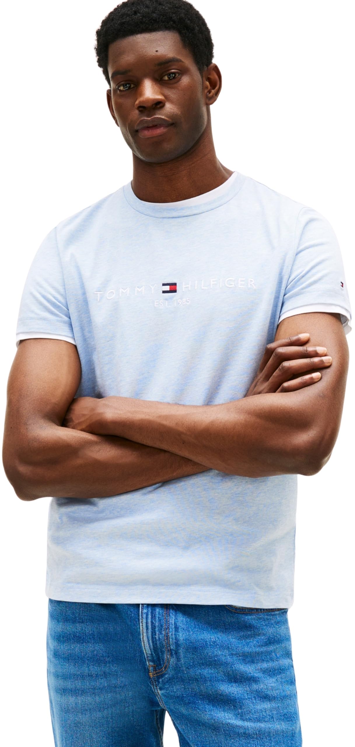Tommy Hilfiger Men’s Short Sleeve Slim Fit T-Shirt, Blue (Heathered Blue), S
