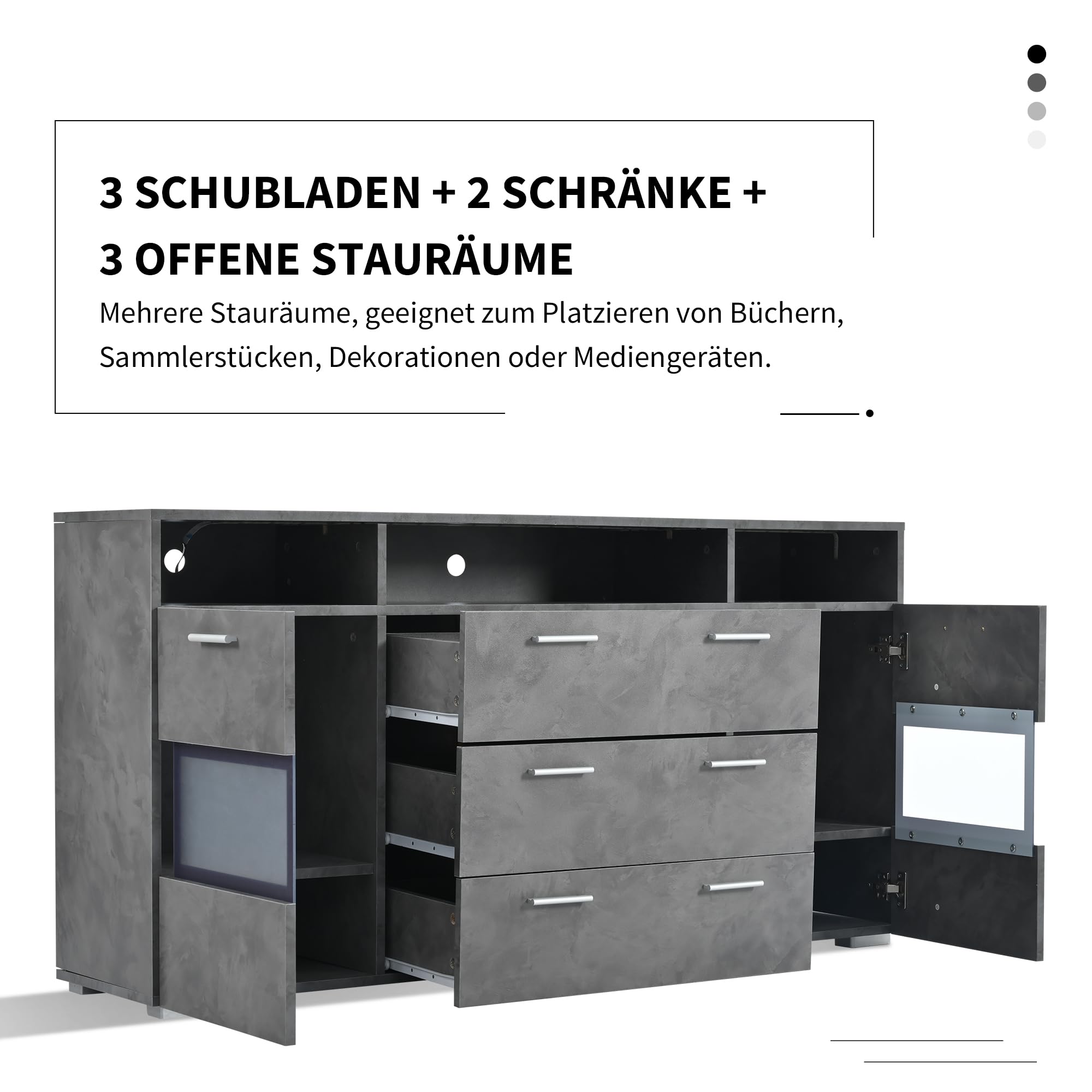 Merax Sideboard mit LED-Beleuchtung, Modernes Kommode mit 2 Türen, 3 Schubladen, offener Stauraum, Mehrzweckschrank mit transparenten Acryltüren, Standschrank Flurschrank für Wohnzimmer, 140cm, Grau