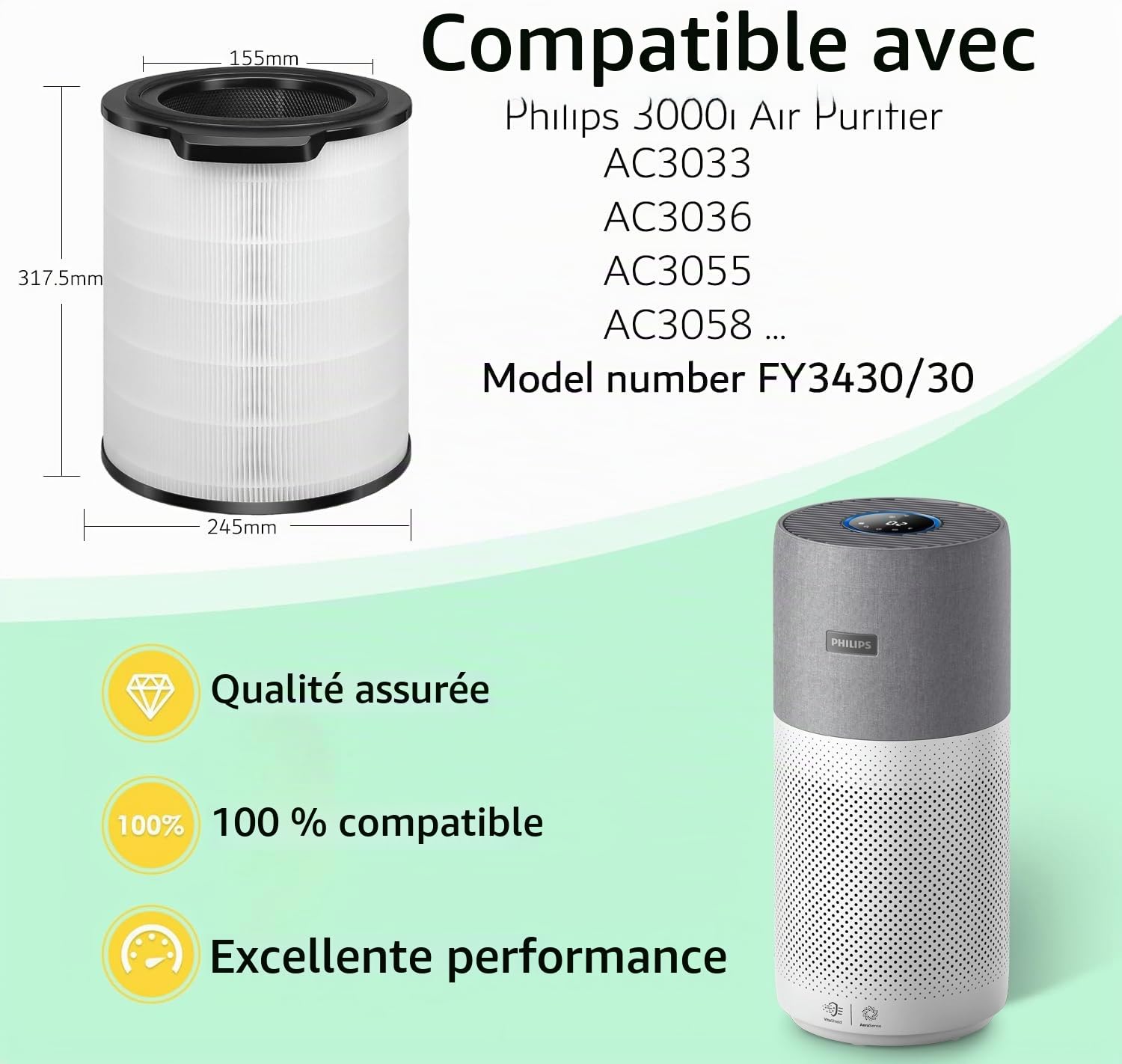 filtre FY3430/30 pour purificateur Philips série 3000i (AC3033, AC3036, AC3039, AC3055, AC3058, AC3059) – HEPA H13 à charbon actif – filtration longue durée