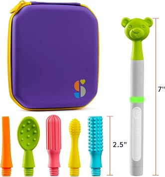 Special Supplies Buzz Buddy Oral Motor Stimulation kit with 6 Soft Textured Interchangeable Heads, Calm Sensory Needs, Support Speech, and Stimulate Self Feeding, Gentle Vibrations (Grey)