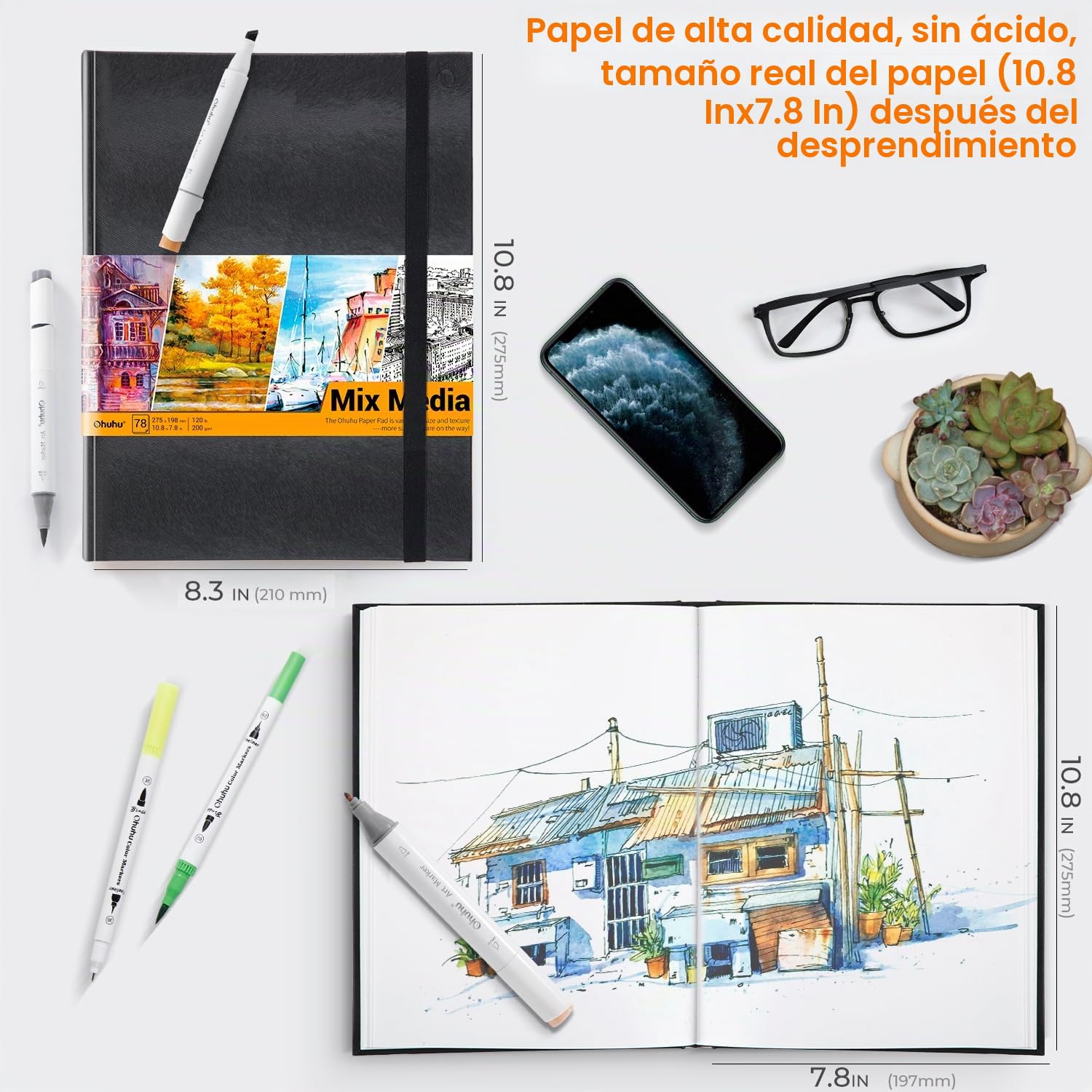 Ohuhu Cuaderno de Dibujo - 156 páginas / 78 hojas - 200 g/m2 - con Tapa Dura - Papel sin ácido, Cuaderno de bocetos para Marcador Acrílico Acuarela, 275mm x 210mm