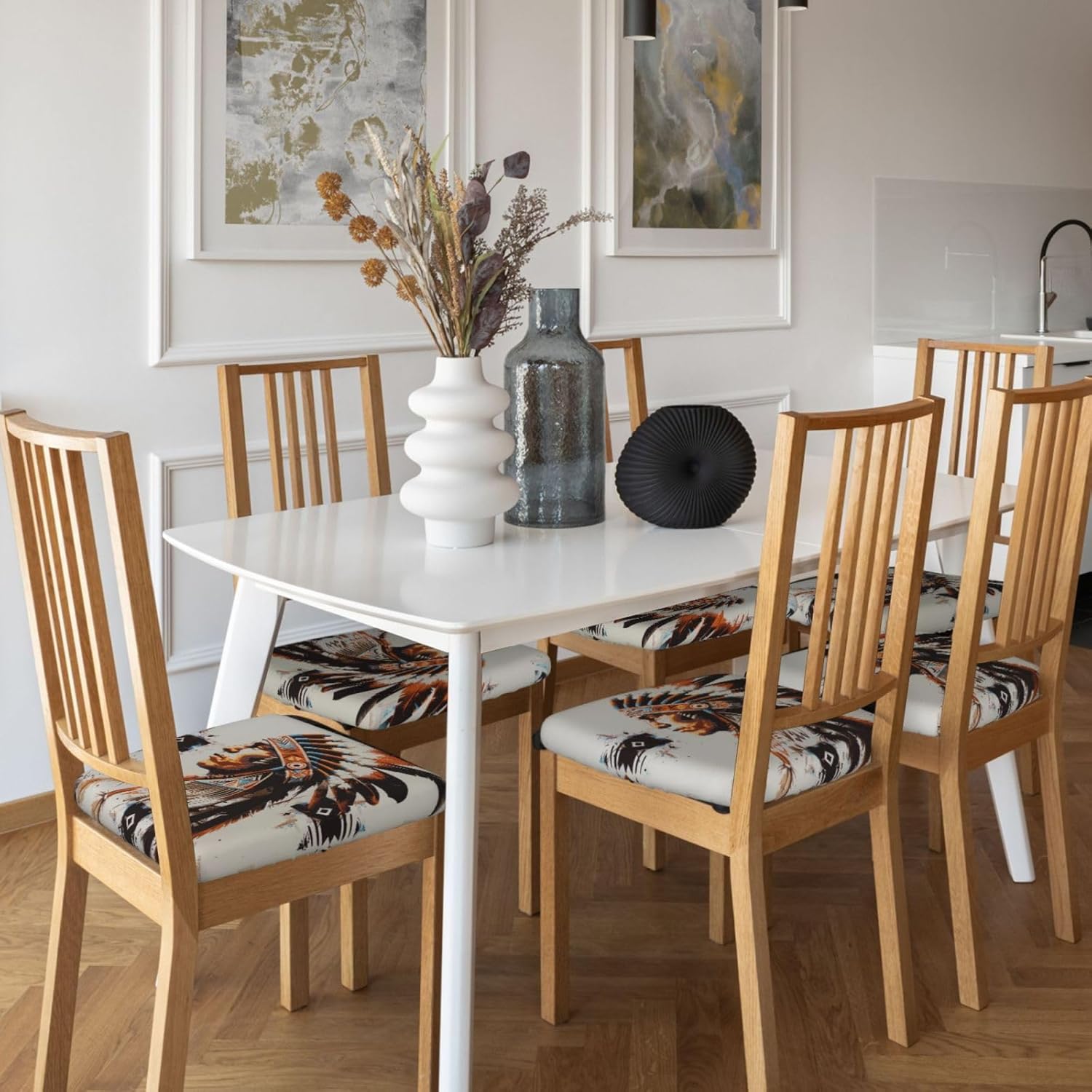 Native American Print Square Cushion Covers 6 Pcs Set Elastic Non-Slip Seat Cushion Slipcovers Pet Furniture Protectors for Chair, Sofa