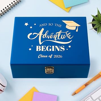 R HORSE Graduation Keepsake Wood Box, Blue Engraving Wooden Memory Box for High School Graduates, Engraved Class of 2026 Graduation Gift for Him Her Party Favor & Memory Storage
