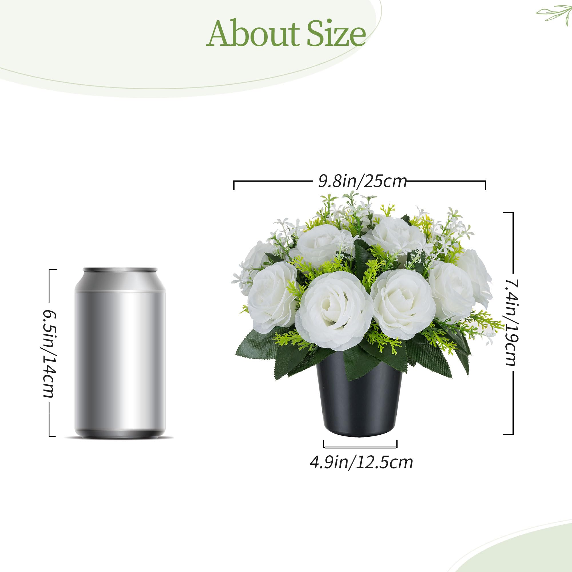 BLOSMON Artificial Grave Flowers Pots: 2 Pcs White Rose Silk Cemetery Flower Funeral Outdoor Decoration Memorial Floral Decorative Graveside Ornaments Fake Bouquet - Image 2