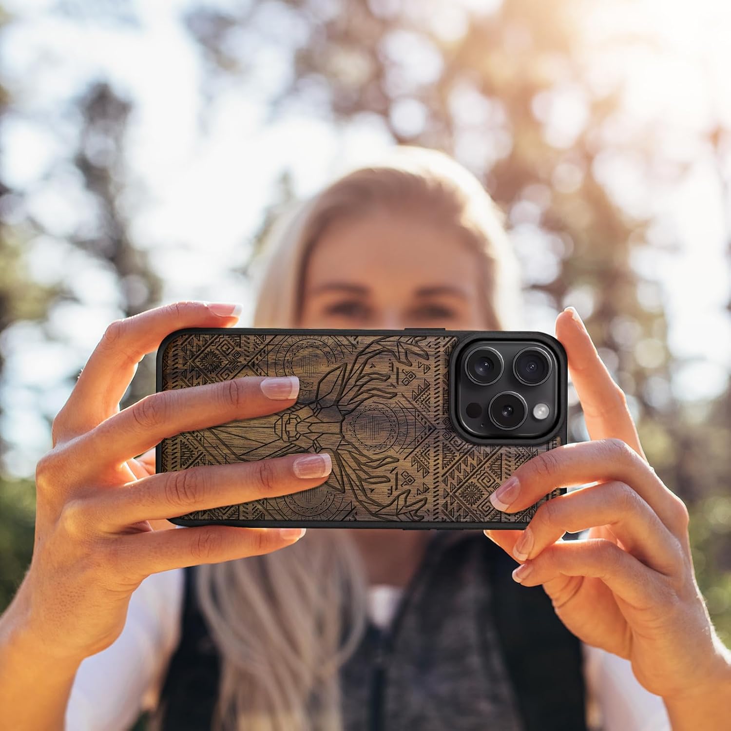Carveit Magnetic Wooden Case for iPhone 16 Pro Max Case, Wood Artisan Engraved & Black Soft TPU Shockproof Cover, Compatible with MagSafe Wireless Chargers (Aztec Geometric Deer) Walnut