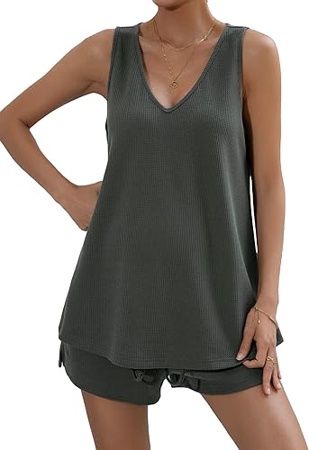 Miniatura 4 de GORGLITTER Conjunto de maternidad para mujer, cuello en V, camiseta sin mangas con cordón en la cintura, trajes de 2 piezas