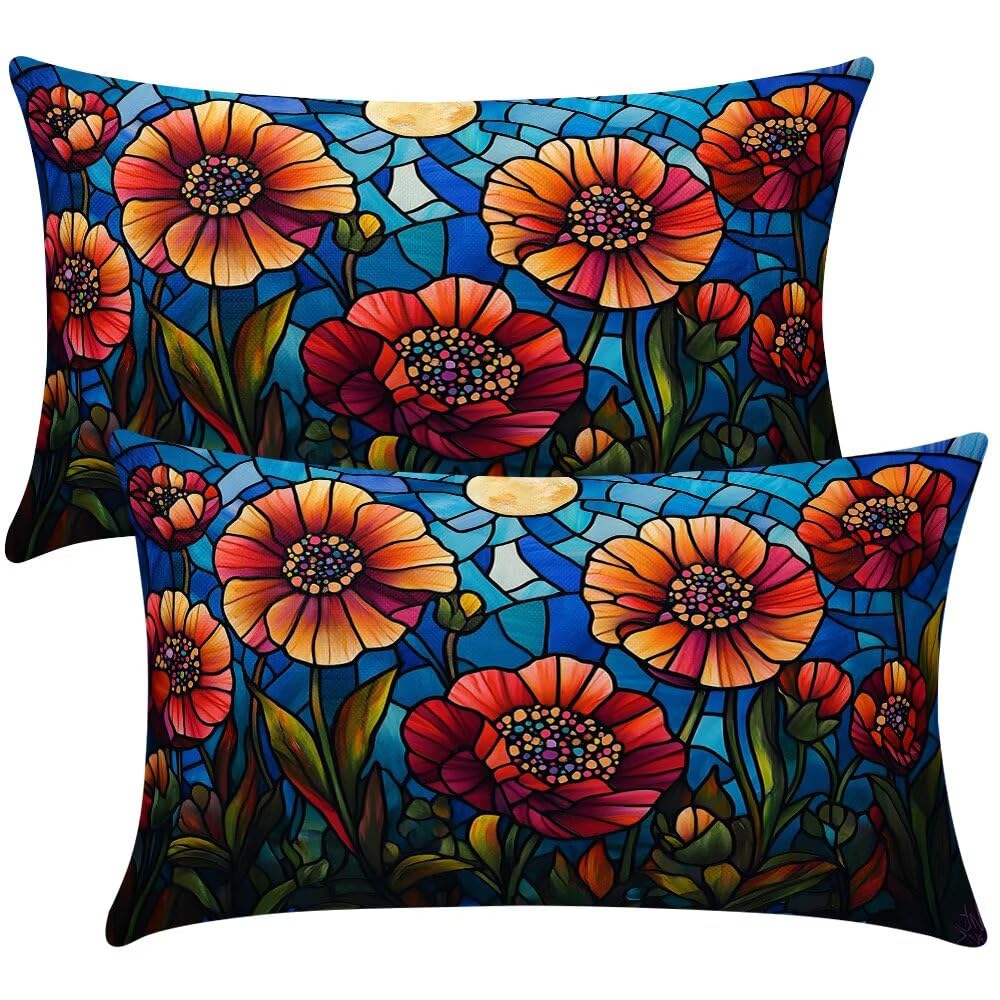 Cushion Covers 50cm x 80cm Blue Cushion Cover 20 x 32 Inches Pack of 2 Throw Pillow Covers Orange Flowers Sofa Cushions Polyester Linen Pillowcases for Couch Living Room Bedroom Home Decor -SC349