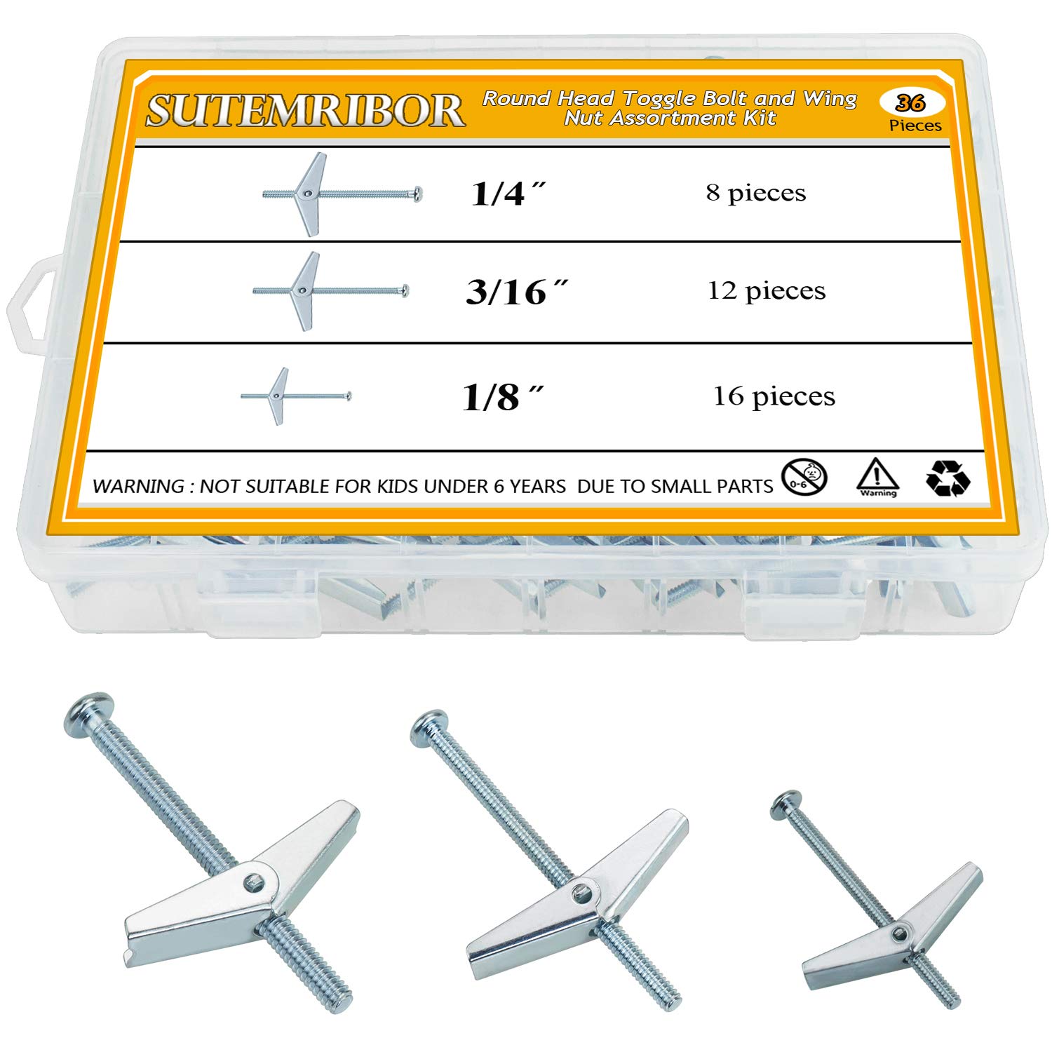1/8 Inch, 3/16 Inch, 1/4 Inch Toggle Bolt and Wing Nut for Hanging Heavy Items on Drywall (36 PCS)