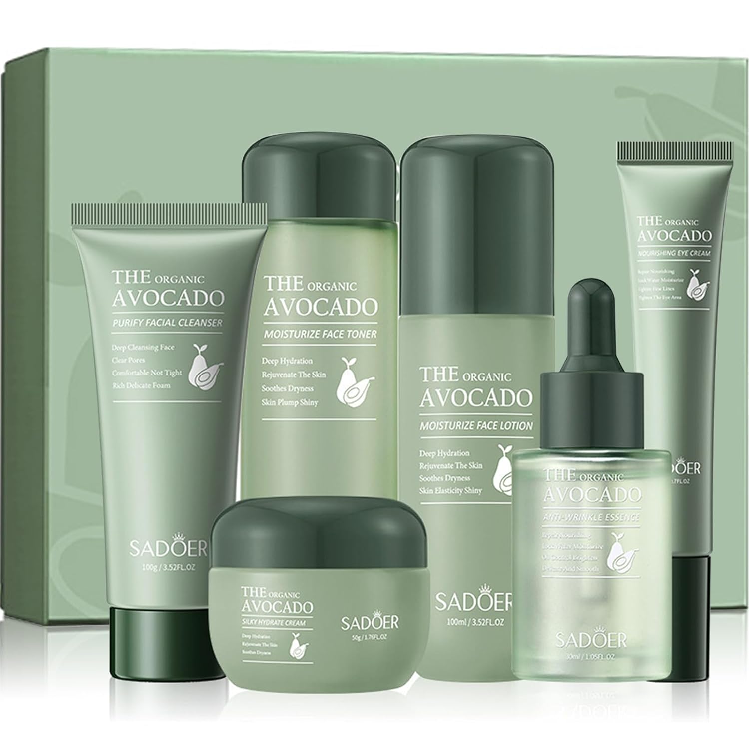 Avocado Skincare Sets,6-In-1 Hydrating Skincare Gift Set with Facial Cleanser, Face Serum, Face Cream, Eye Cream, Toner,Anti-Aging Skin Care Set,Hydrating Skin,Face Care Gift Set for Women