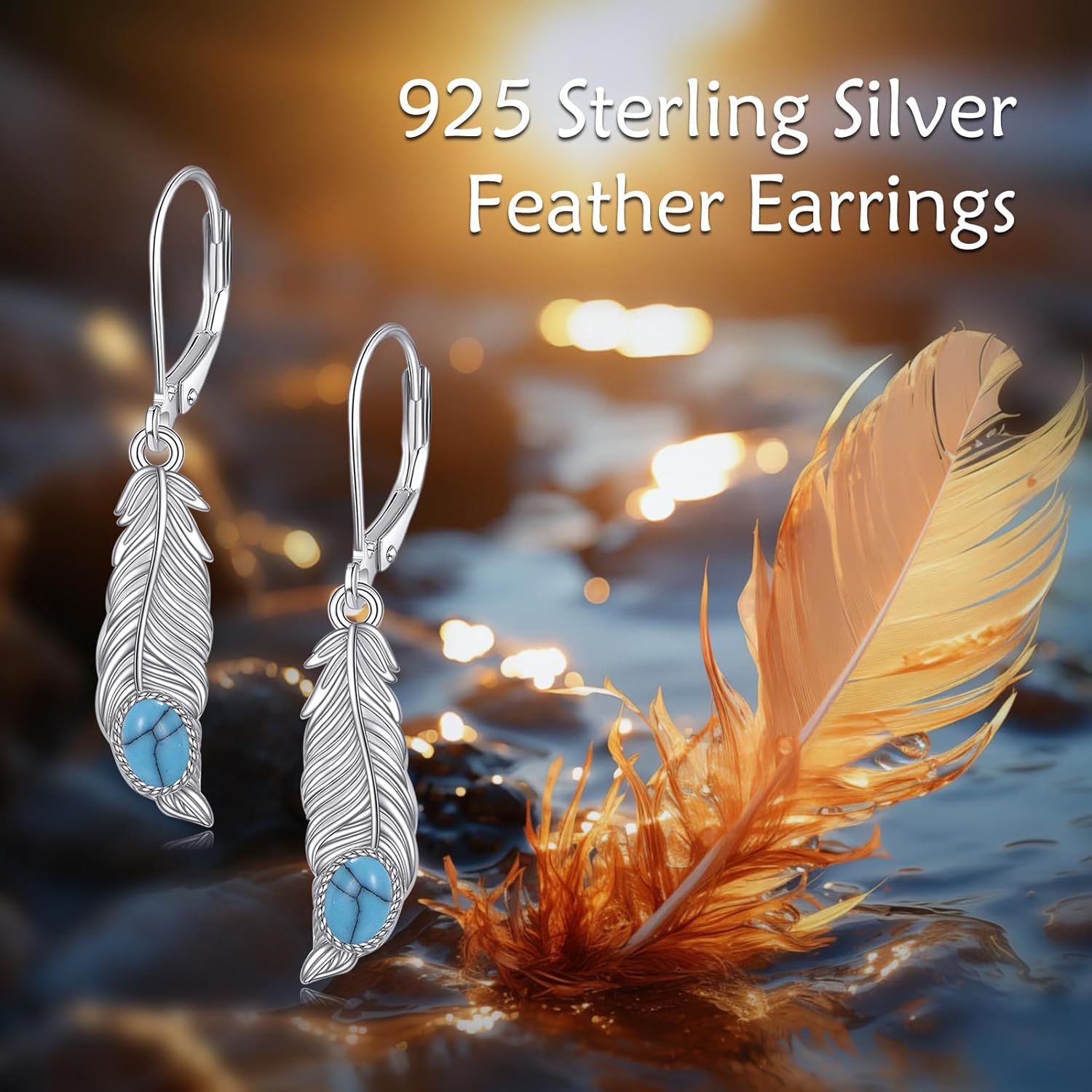 Feather Earrings for women 925 Sterling Silver Turquoise Feather Earrings Dangle Earrings Feather Jewelry - Image 4