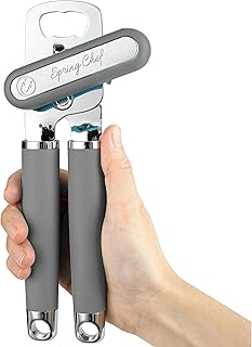 Spring Chef Stainless Steel Can Opener - Manual with Soft Grip Handles, Easy Turn, Heavy Duty Hand Can Openers for Seniors with Smooth Edge - Magnetic Lid Remover - Gray