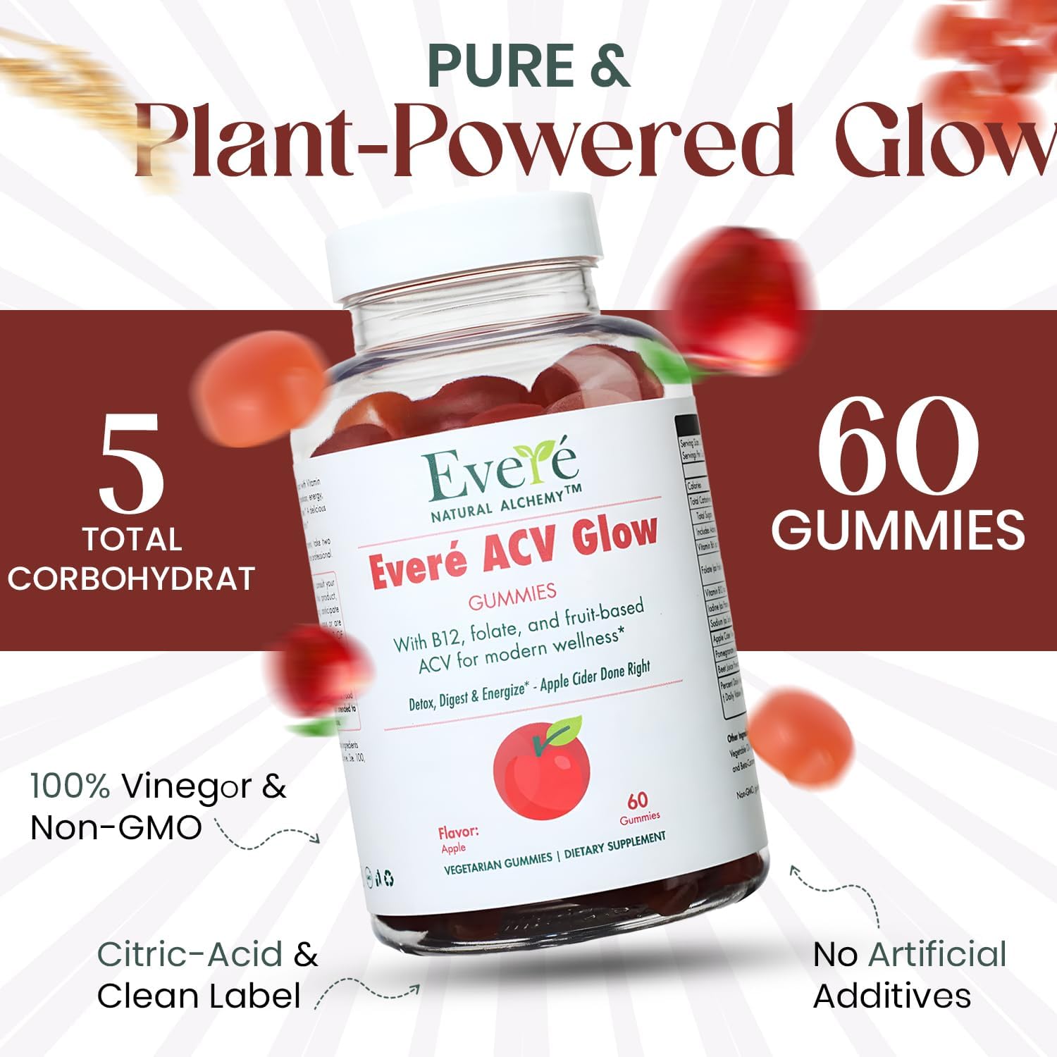 Everé ACV Glow Gummies – Apple Cider Vinegar with B12, B6, Iodine, Folate, Beetroot & Pomegranate – Daily Wellness Support for Energy & Balance