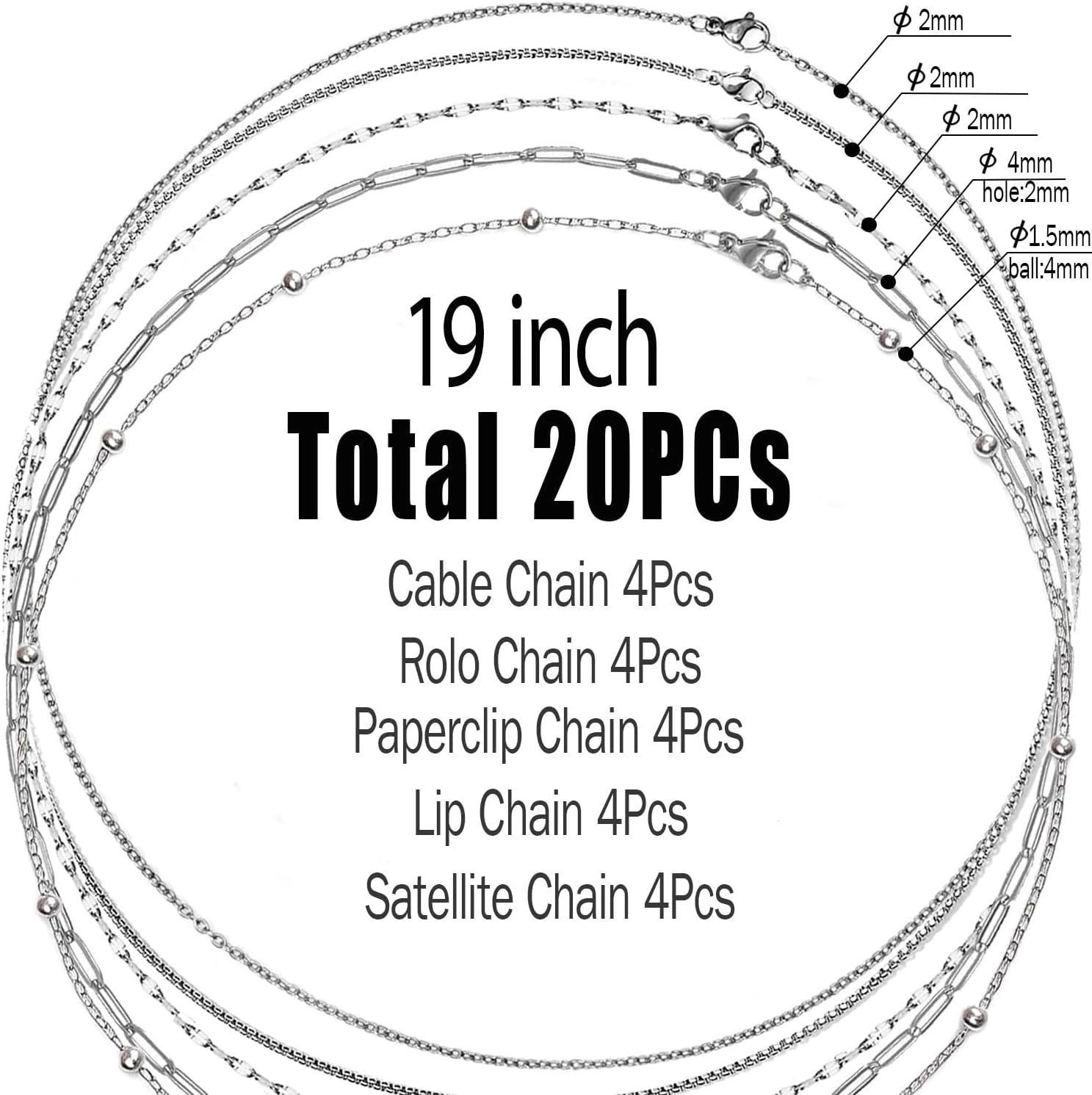 20Pcs (5 Styles) Stainless Steel Chains for Jewelry Making (Silver 19in) image 2