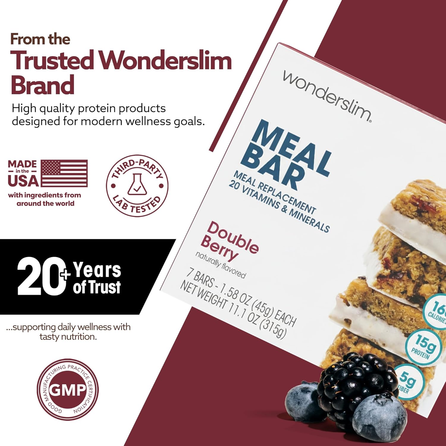 WonderSlim Meal Replacement Bar, Double Berry, 15g Protein, 20 Vitamins & Minerals, Gluten Free (7ct)