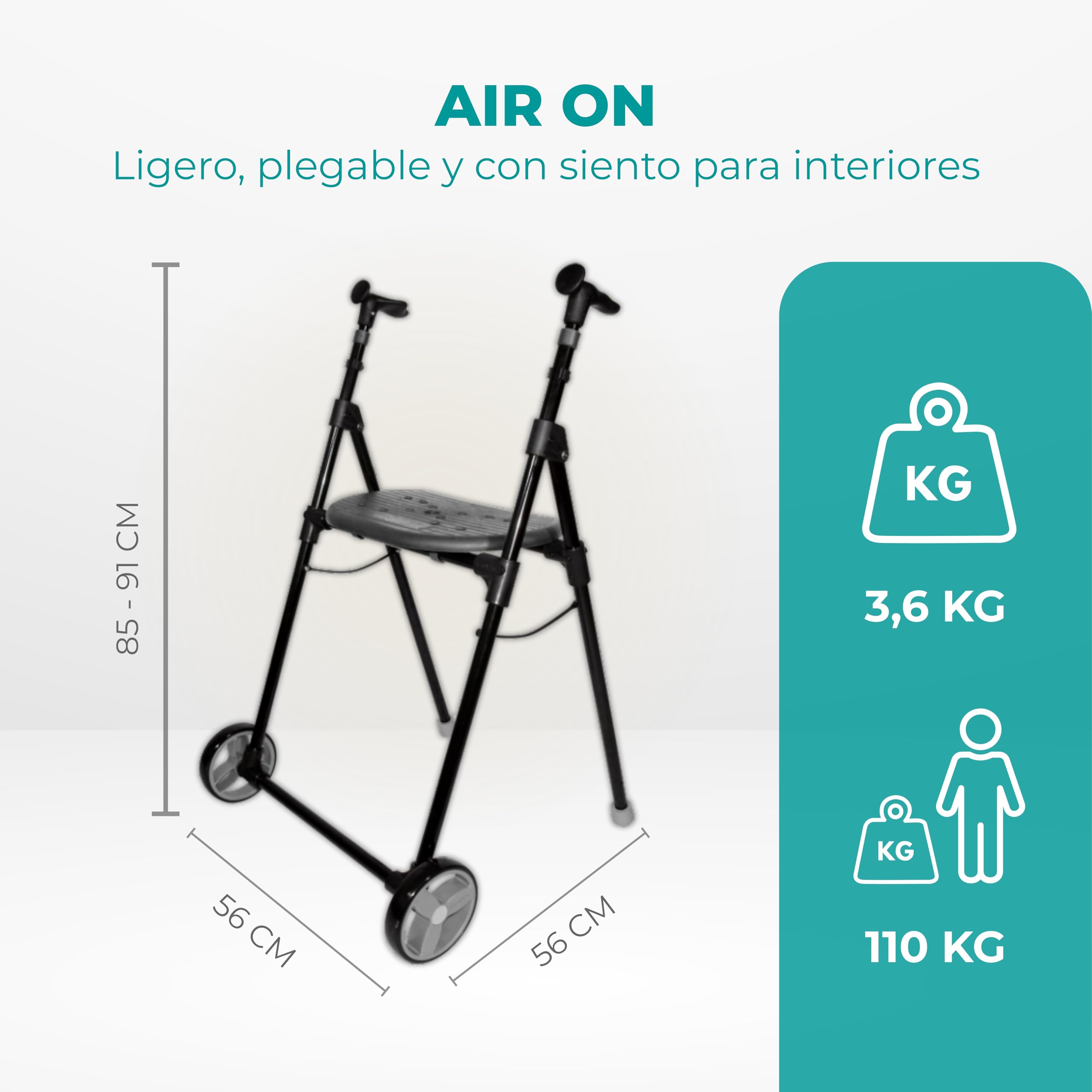 Forta Air On - Andador para Uso en Interiores, Plegable y Ligero - Regulable en Altura, Capacidad de Carga hasta 110 Kg - Fácil de Plegar, con Ruedas Fijas (Negro)