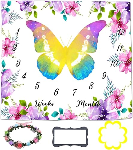 LYLYCTY BTZYLY36 - Manta mensual para bebé, diseño de flores y mariposas, personalizada, incluye corona y marco, 47 x 47 pulgadas