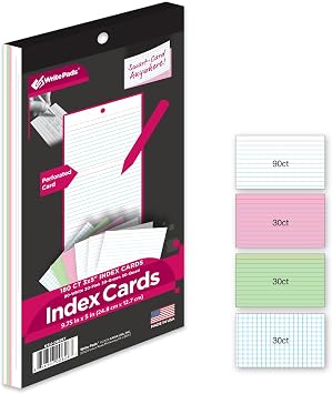KAISA Index Cards 3x5 Flash Cards, Perforated Smart Card, 150pcs Ruled Colored Notecards and 30pcs White Graph Cards Thick Index Card Notebook with Punching Hole for Studying School Suplplies