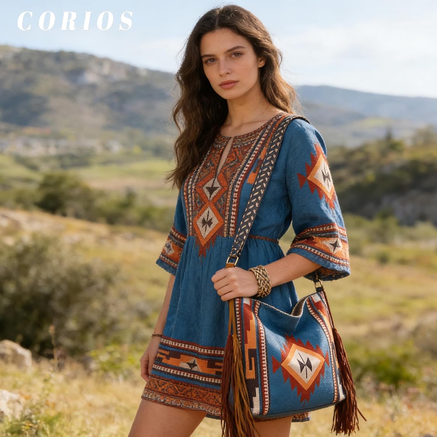 CORIOS Fringe Handbag for Women Boho Shoulder Crossbody Bag Bohemian Top Handle Bag with Tassels Messenger Satchel Bag
