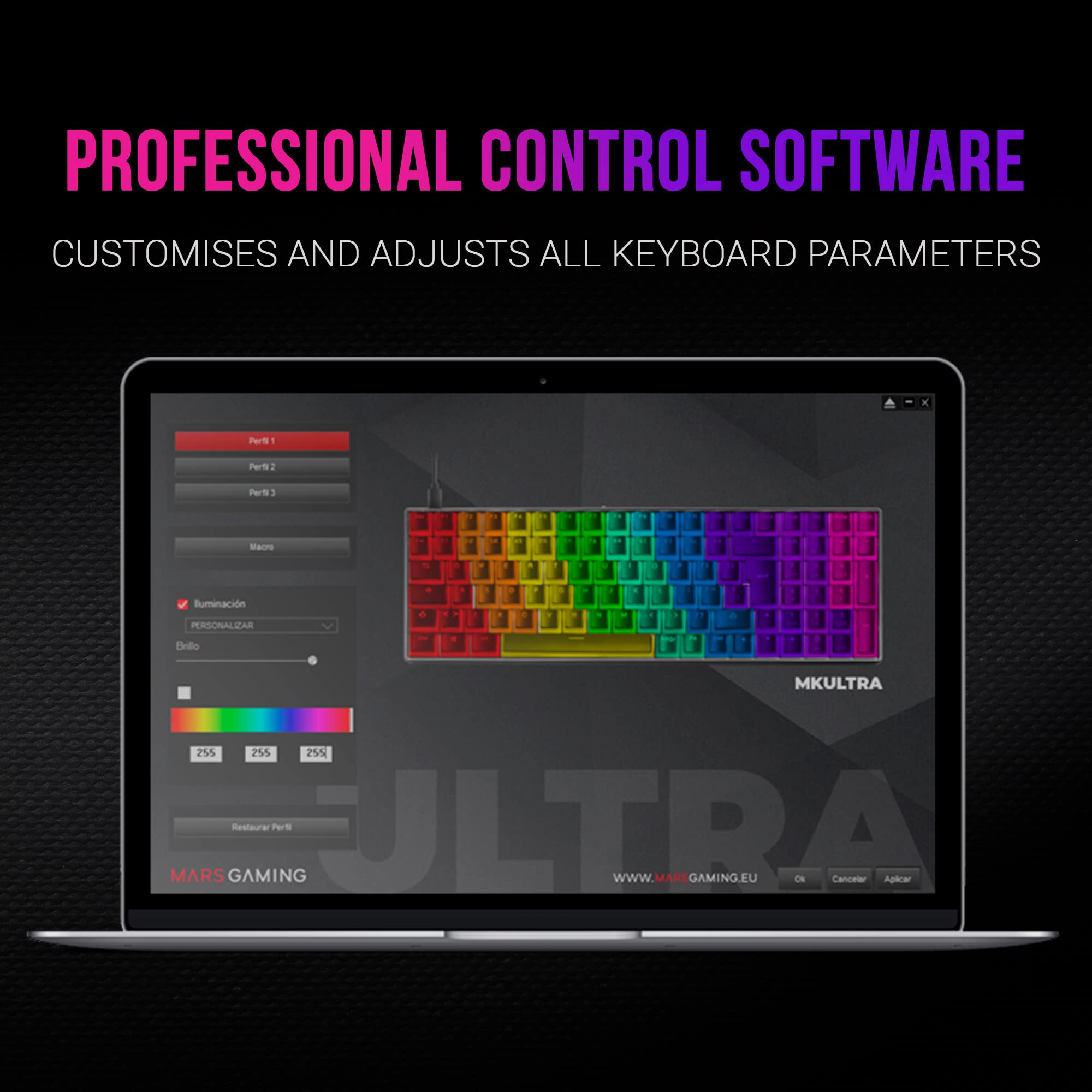 Mars Gaming MKULTRA, klawiatura mechaniczna czarna RGB, kompaktowa 96%, przełącznik Outemu SQ brązowy, hiszpański-US