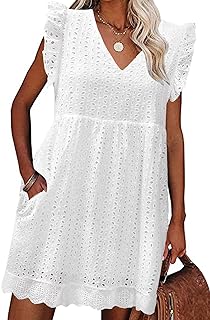 heekpek Summer Dress Women's Short Cotton Dresses Summer V-Neck Mini Dress Light Airy Summer Dresses Casual Dress Beach Dress with Ruffle Sleeves and Pockets