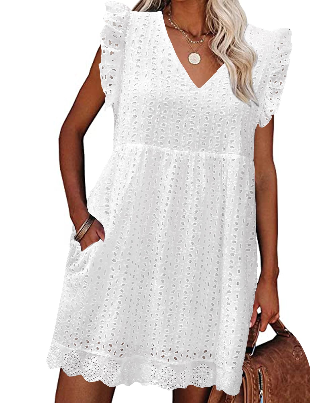 heekpek Abito Estivo Donna Scollo a V Vestito Corto Donna Cotone Senza Maniche con Volant Abiti Leggero Jacquard Abito a Canotta Casual Abito Mare da Spiaggia con Tasche