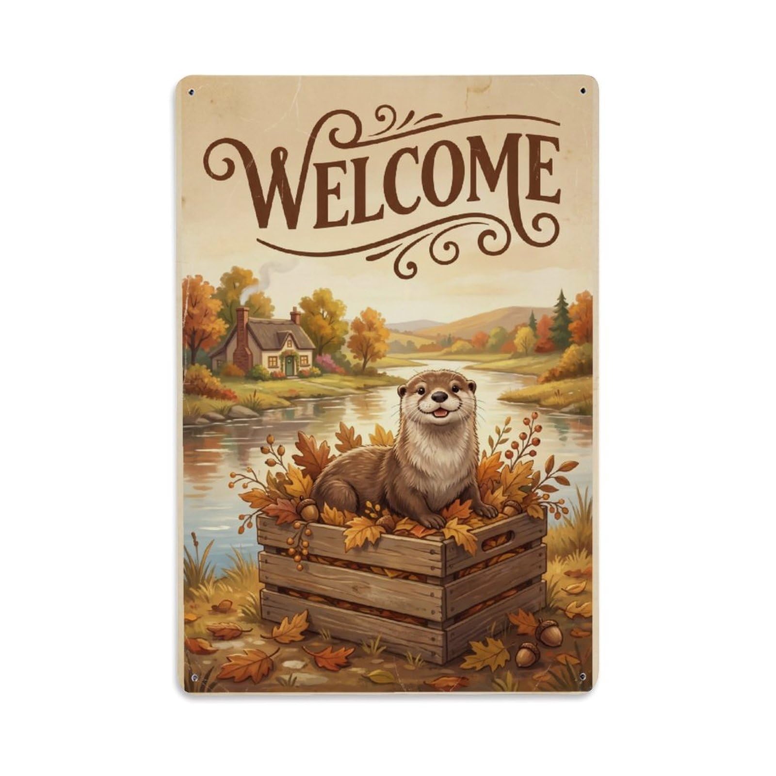 Vintage Welcome Otter Harvest Time Metal Tin Sign