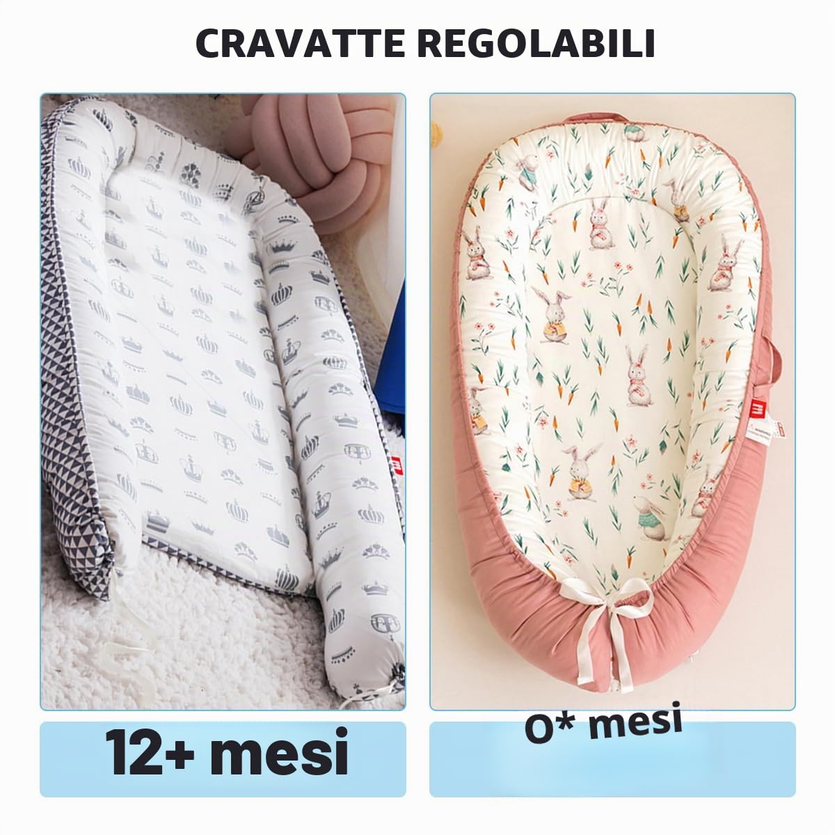 SONARIN Portatile Riduttore Lettino Neonato,88 x 53 cm Baby Nest Nido Neonati Riduttore Culla da Viaggio per Bambini, con100% Cotone Copertura Reversibile Lavabile(Elefante Colorato)