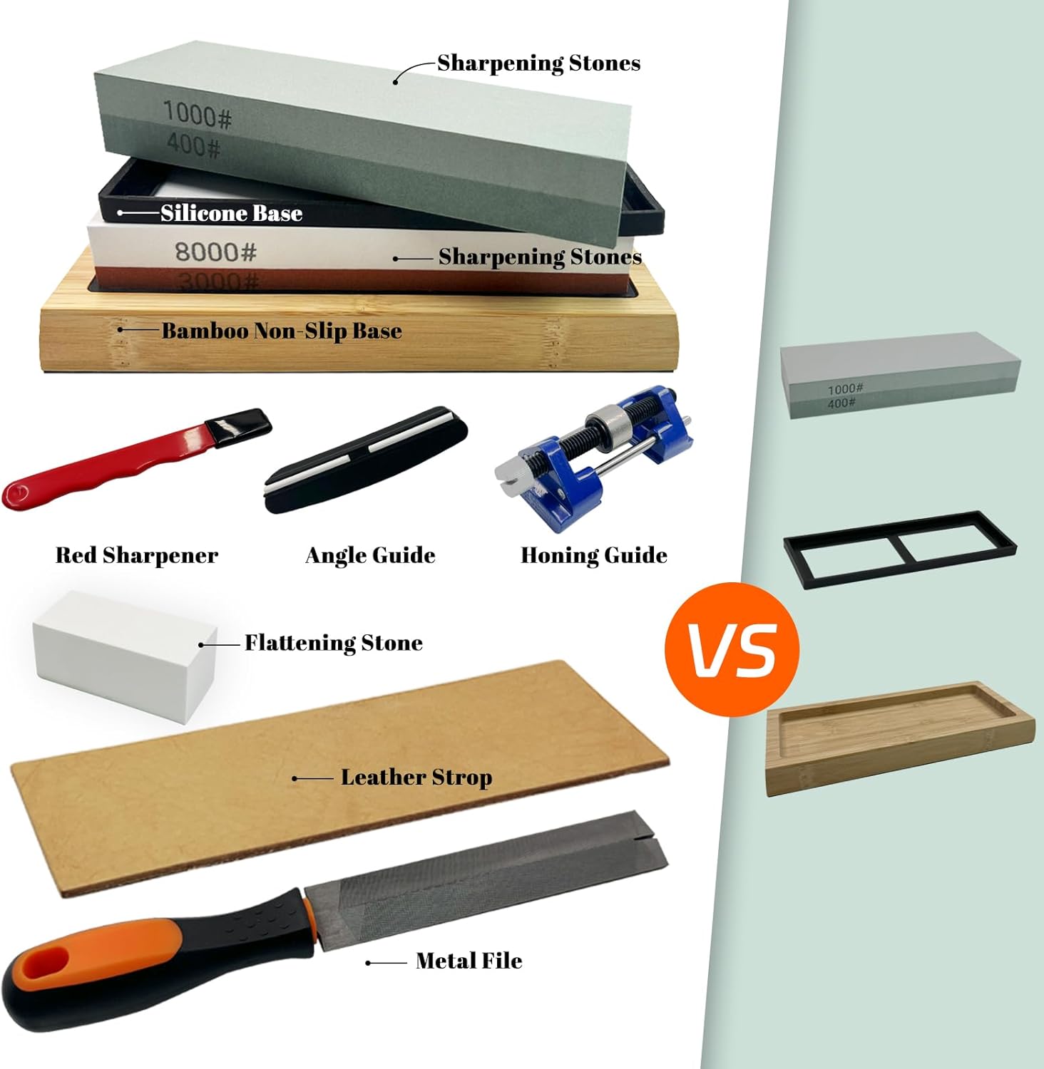 SNAIL GARDEN 10PCS Knife Sharpening Stone Set, 2PCS Dual-Sided Whetstones with Red Sharpener, Metal File, Flattening Stone, Bamboo Base, Angle Guide, Honing Guide, Silicone Base, Leather Strop