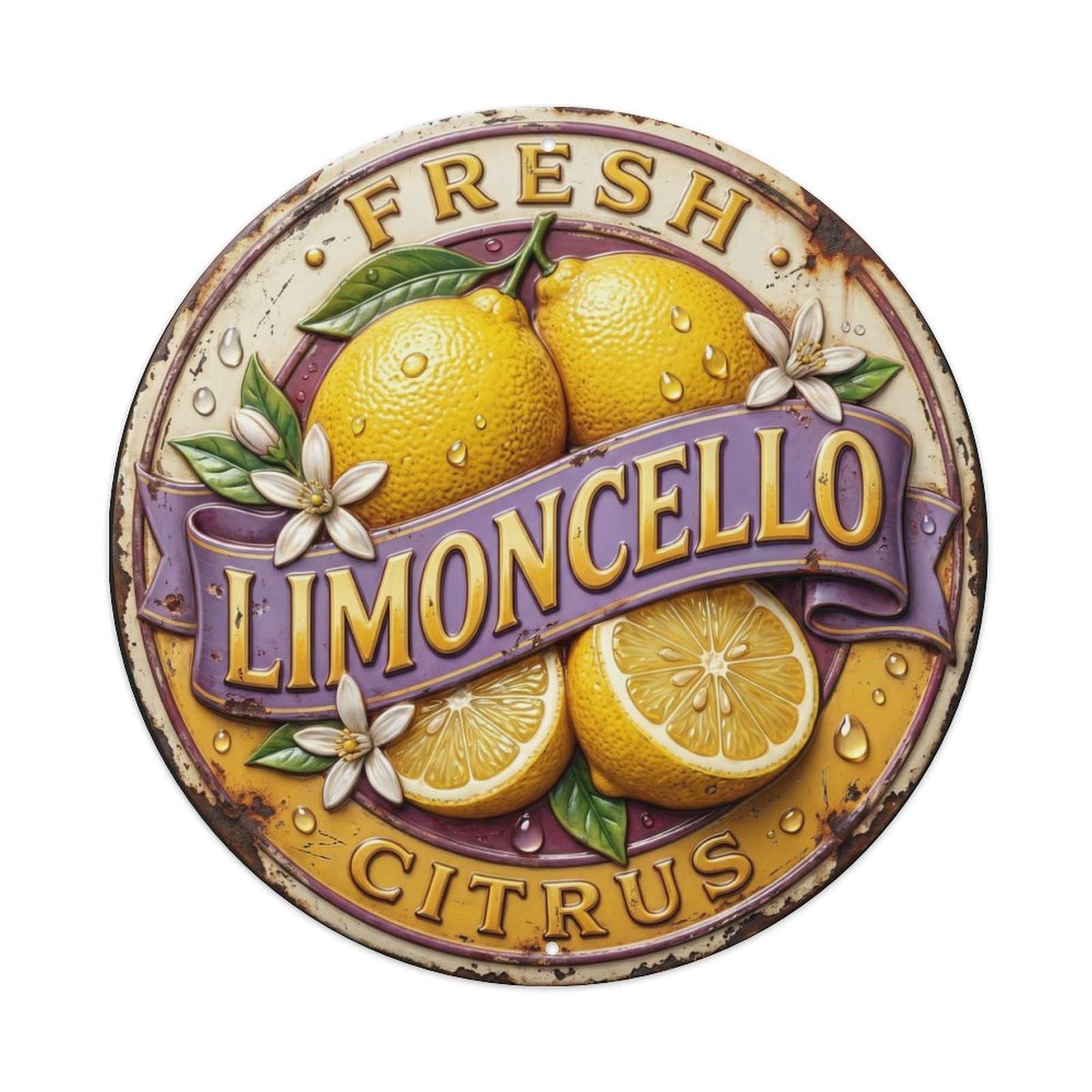 Fqcyn Style Fresh Citrus Limoncello Metal Tin Sign Plaque Wall Decor For Cafe, Club Bar, Office, Home Garden Round Metal Poster 8X8inch