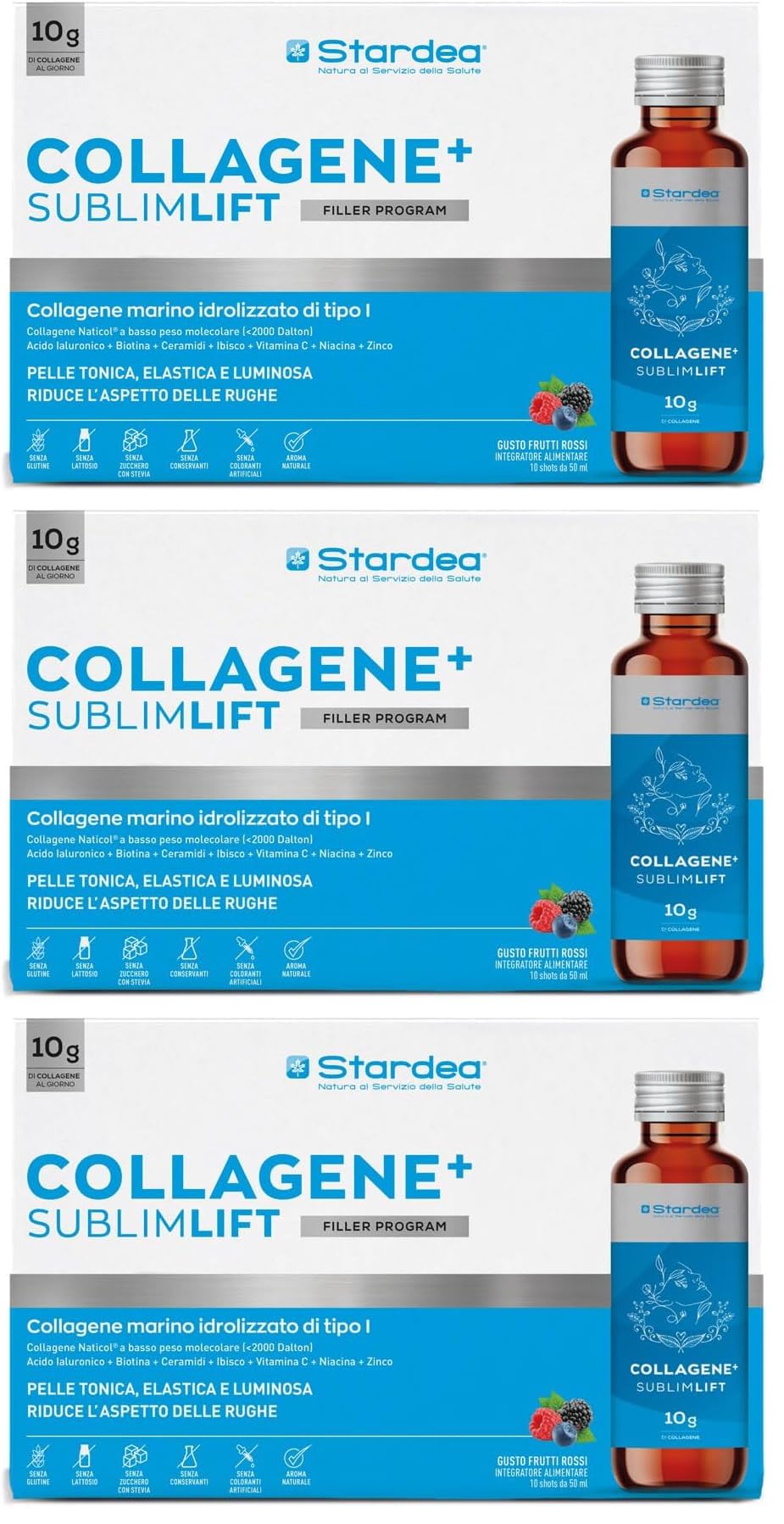 COLLAGENE MARINO E ACIDO IALURONICO | 10g COLLAGENE MARINO IDROLIZZATO CON ACIDO IALURONICO + VITAMINA C + BIOTINA + ZINCO | Collagene da Bere 10 FLACONI | STARDEA COLLAGENE+ SUBLIMLIFT SHOT